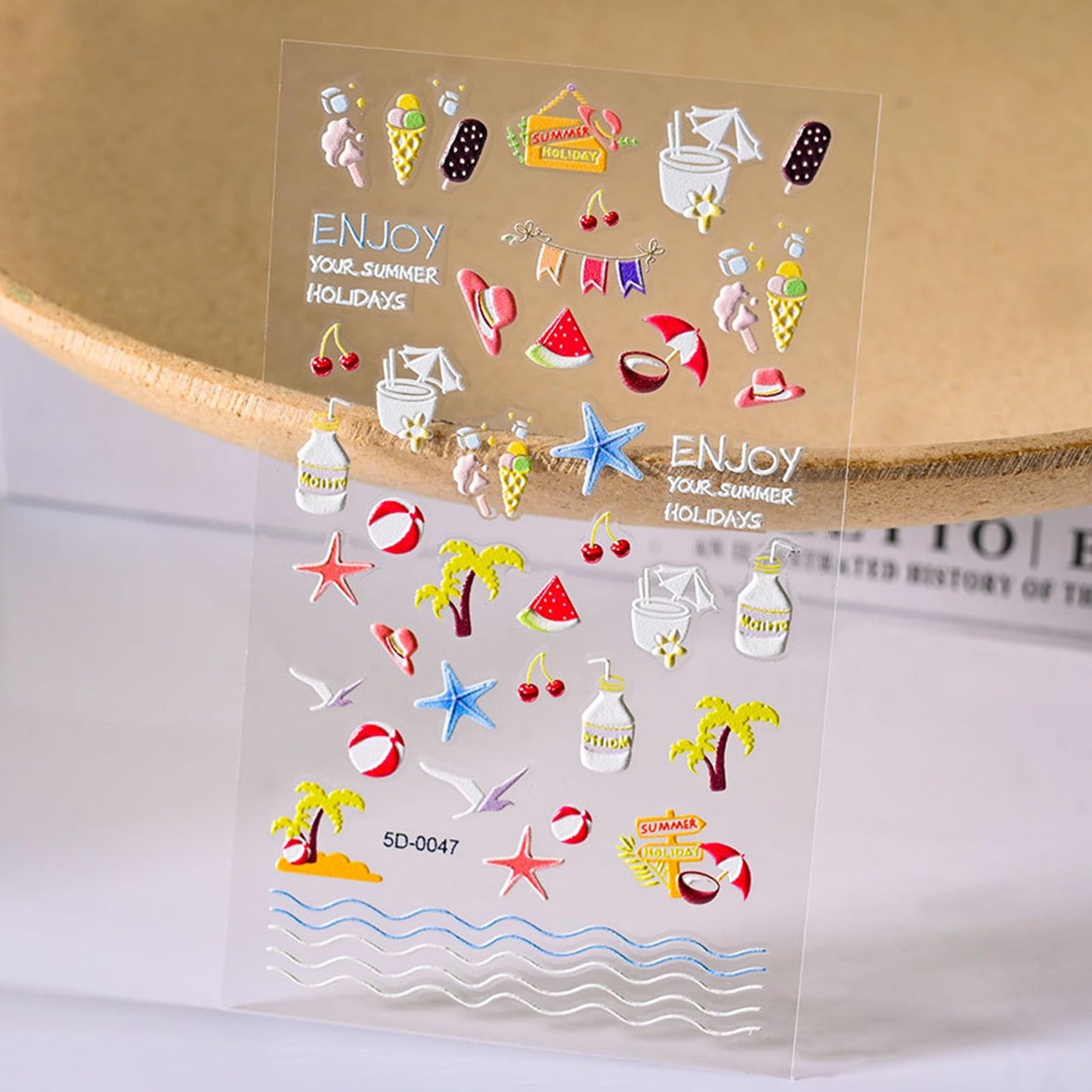 4 Sheets Ocean Nail Art Stickers Summer Nail Decals 5D Embossed Beach Self-Adhesive DIY Nail Sticker Cute Palm Tree Sea Shell Starfish Nail Supplies for Women Acrylic Nails DIY Decoration