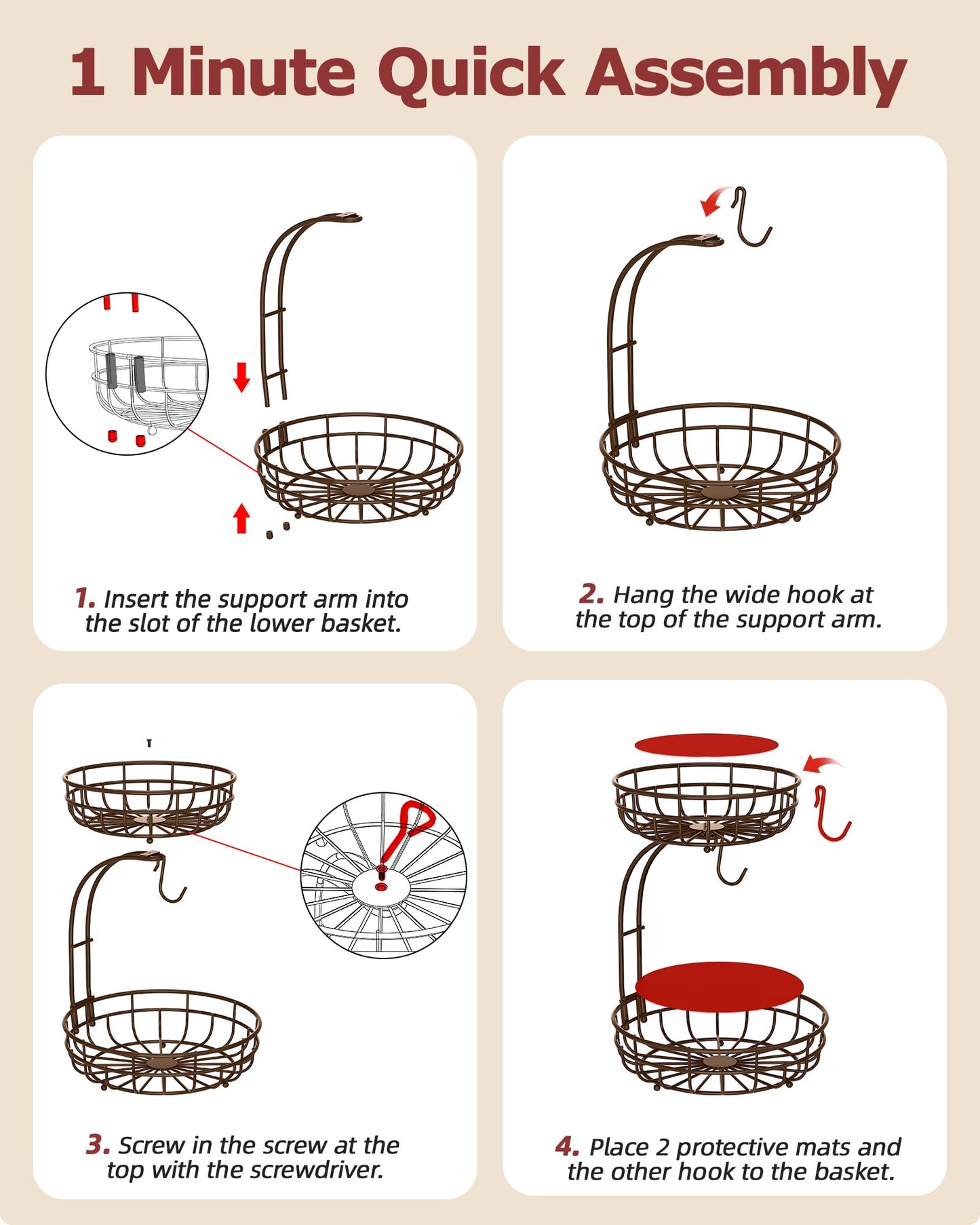 Sevenblue 2 Tier Large Fruit Basket for Kitchen Counter with Removable Banana Hanger - Sturdy Iron Fruit Bowl for Kitchen Counter and Vegetable Holder, Fruit Holder for Kitchen Countertop, Brown
