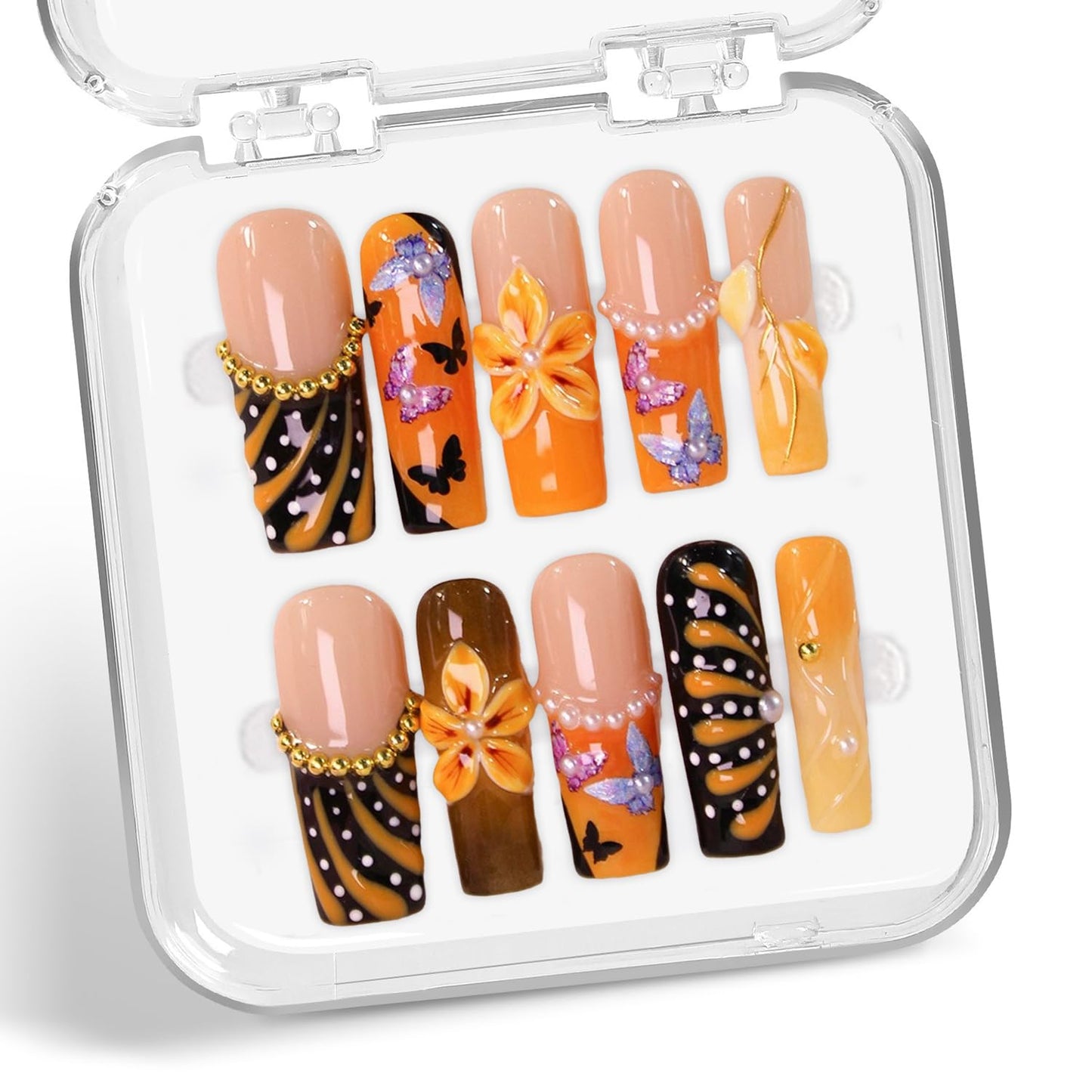 Flower Press on Nails Gradient Long Square Fake Nails with Glitter Butterfly & Pearl False Nails Designs Orange French Tip Handmade Press on Nails Thick Acrylic Stick on Nail for Wome (M)
