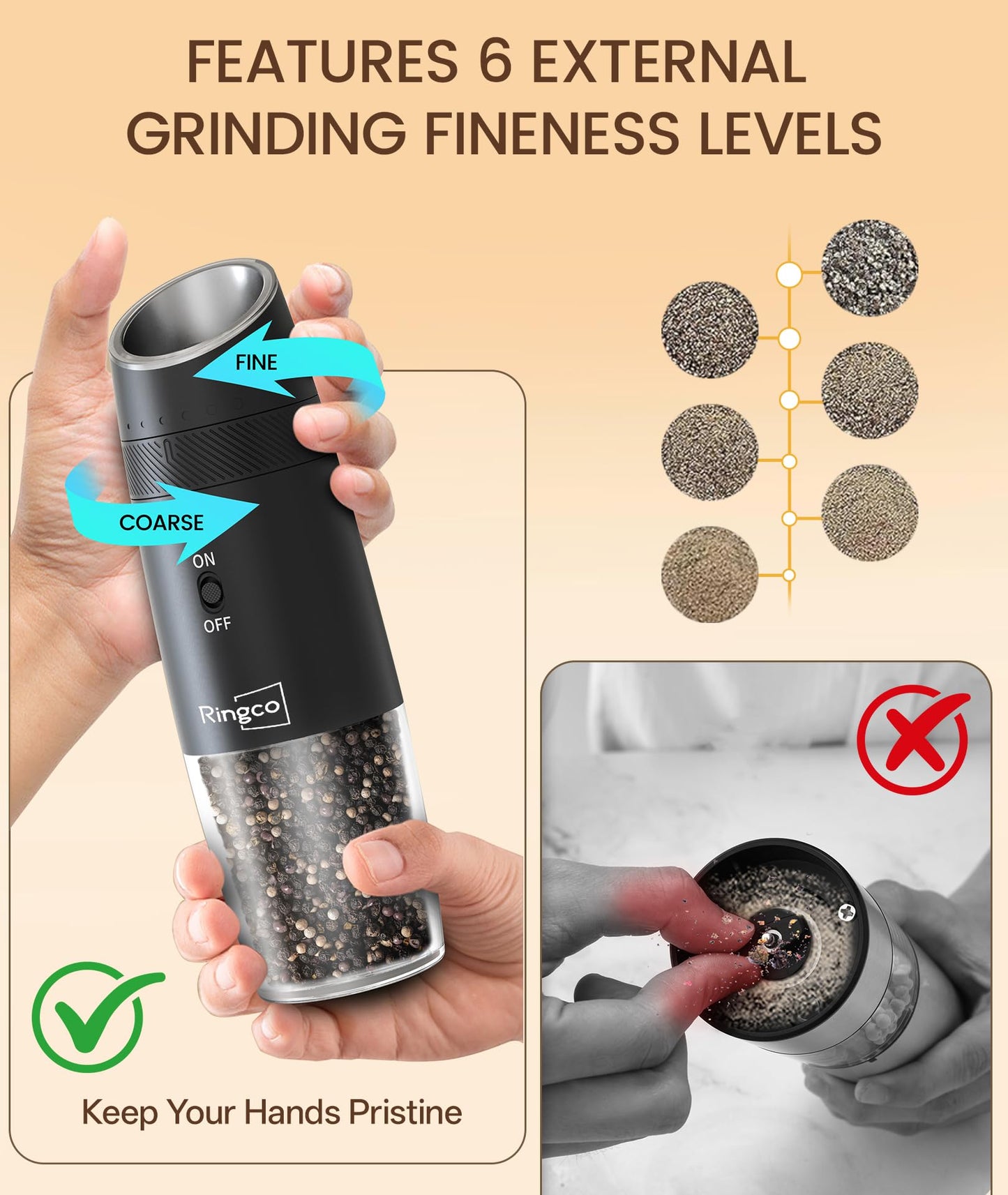 Ringco Gravity Electric Salt and Pepper Grinder Set with Charging Base, Automatic Gravity Salt and Pepper Mill with Adjustable Coarseness, LED Light, 135ml Large Capacity, Gifts for Women
