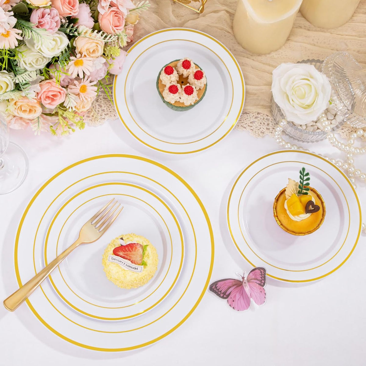 Supernal 102pcs White and Gold Plastic Plates Disaposable Party Plates White Gold Rim Heavy duty, Fancy Gold Plastic Dinnerware Set included 51 Dinner & Dessert Plates for Party,Birthday and Wedding