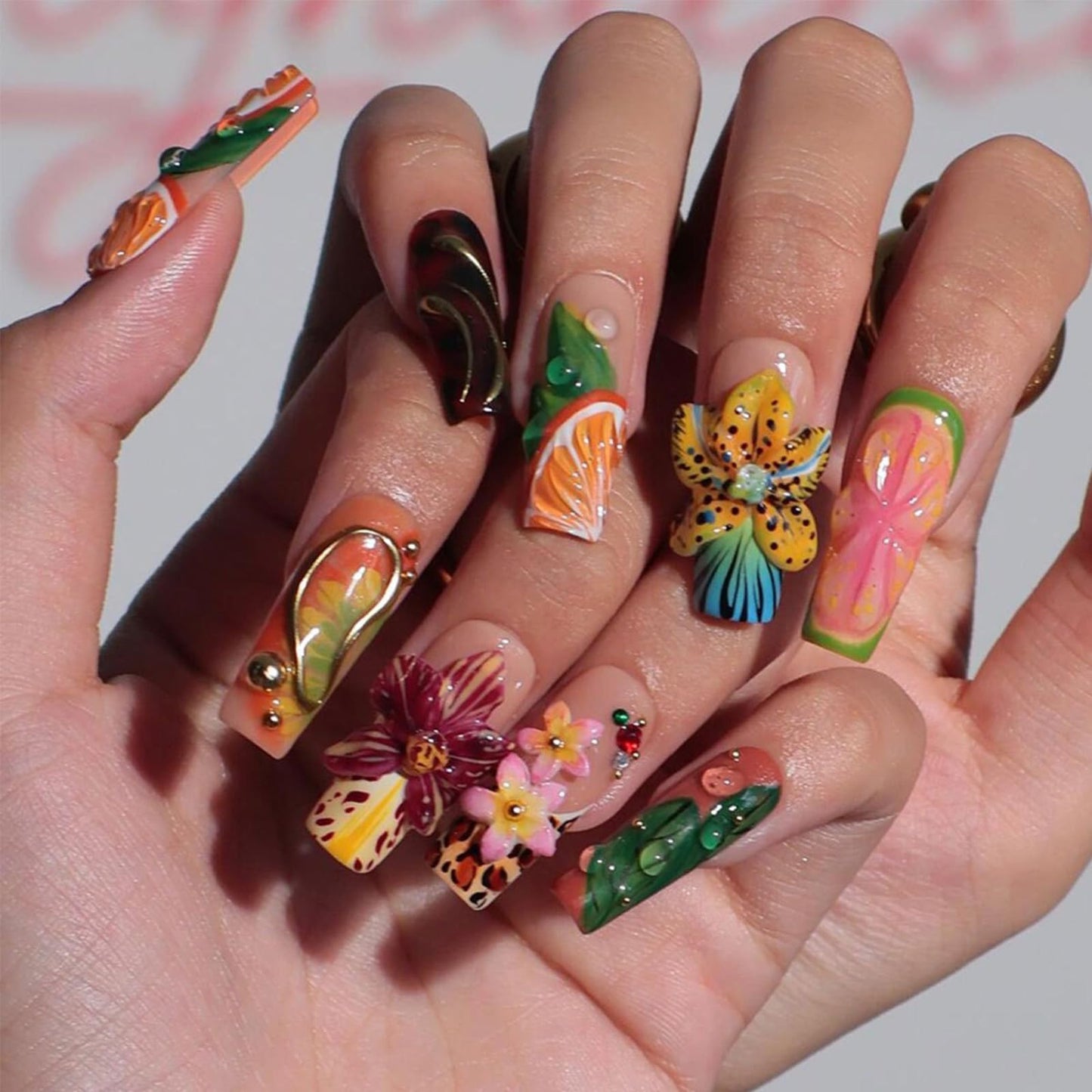 IMRAIN Square Press on Nails, Long Fake Nails, Colorful 3D Flower Tropical Fruit Leopard, 24 Pcs Reusable Glue on Nails for Women, Salon Quality