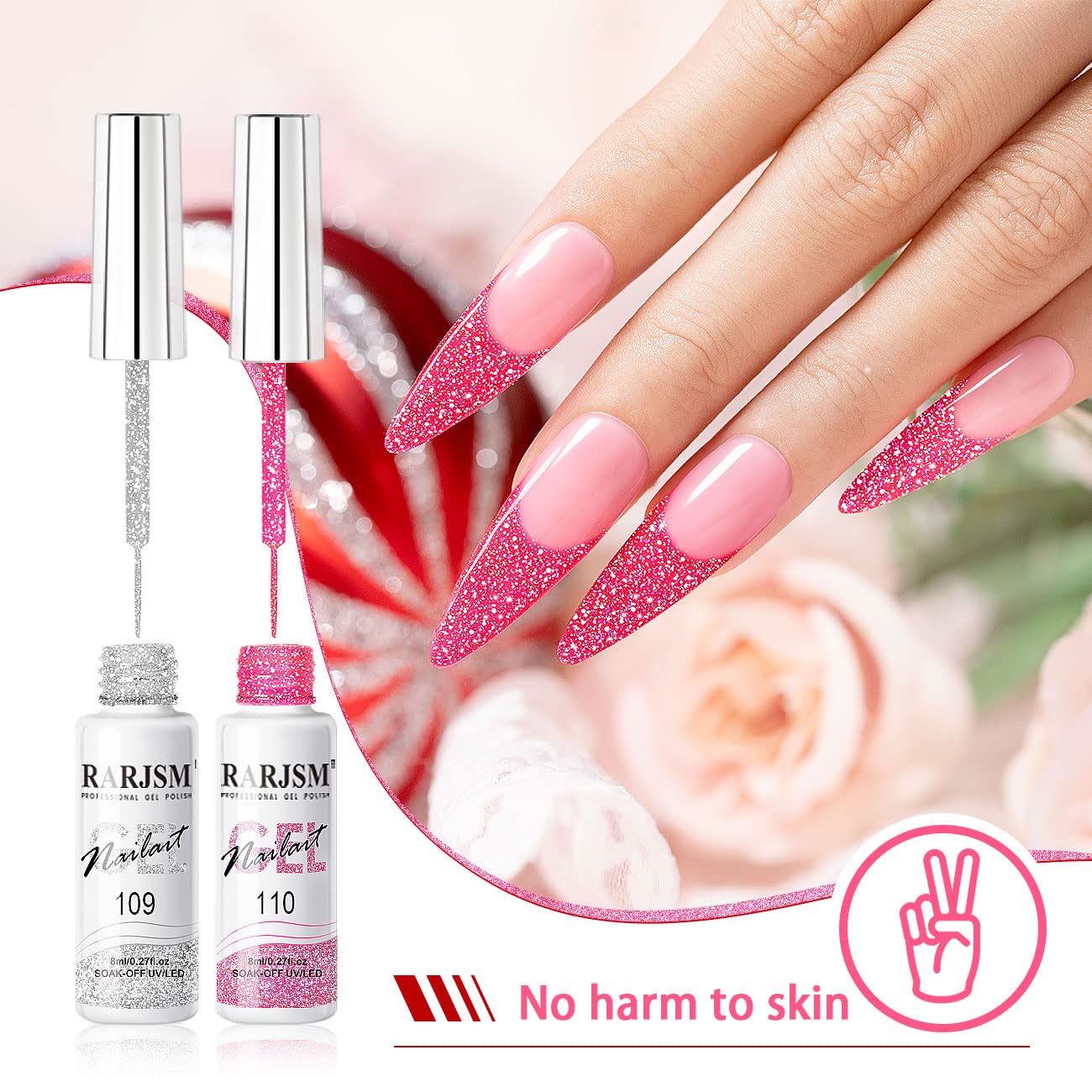 RARJSM Gel Liner Nail Art Reflective Glitter Gel Nail Polish Thin Brush Silver Neon Hot Pink Flash Diamond PaintedGel 2PCS Set Soak off Curing Requires 8ml for Home Salon Diy Nail Design Decoration