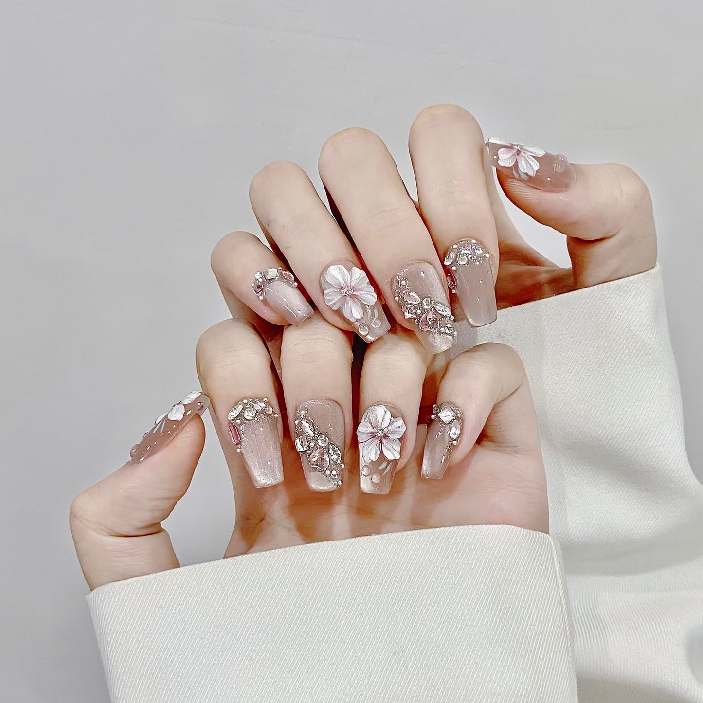 Yacey 3D Floral Handmade Press on Nails, Medium Coffin Reusable False Nails Press Ons, Pink Cat Eyes with Charms Thick Acrylic Fake Nails, Luxury Glossy Glue on Nails for Women Girls (10 Pcs, M)