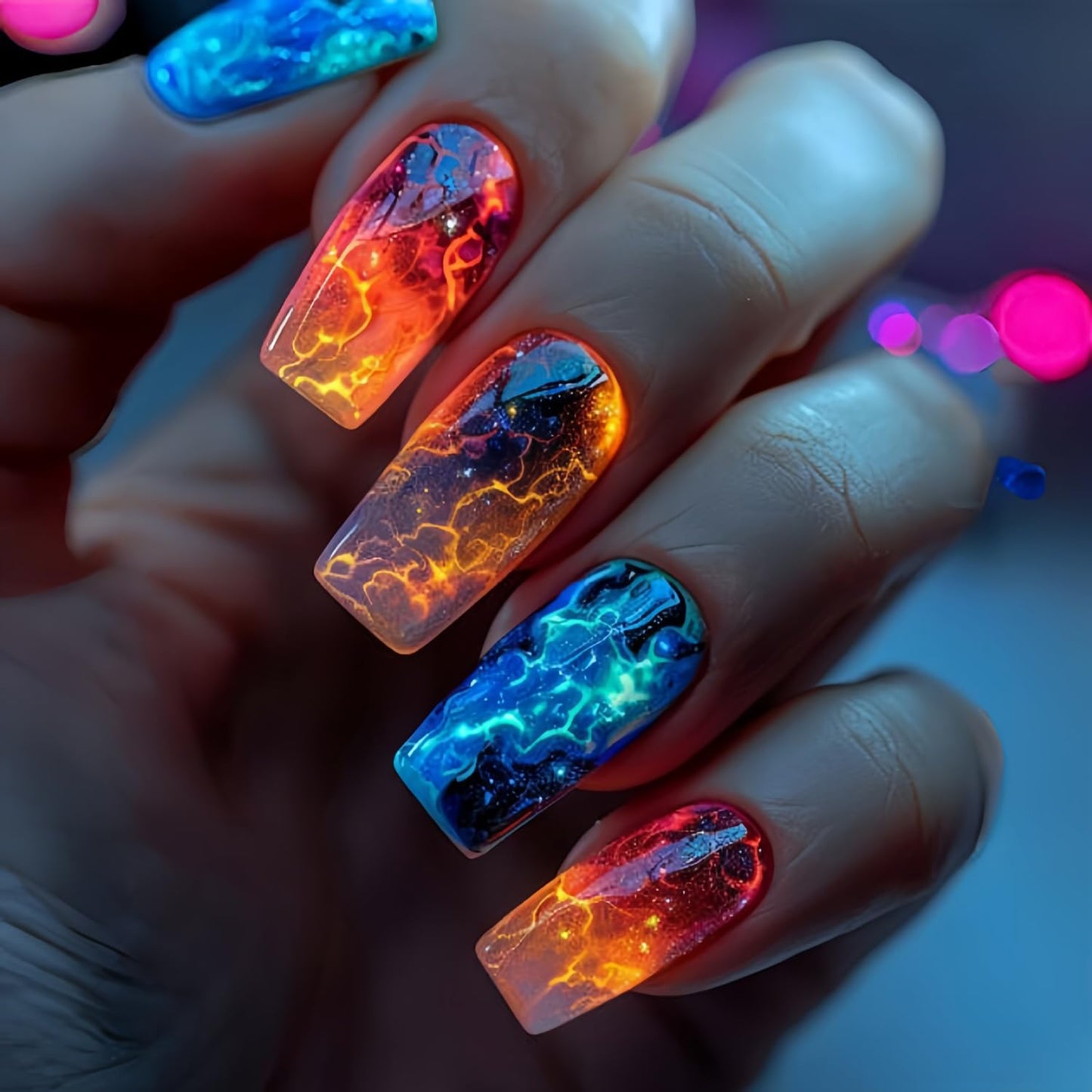 Press On Medium Square Aurora Red and Blue Lightning Design Nails - Full Cover Artificial Acrylic Coffin Nails - Reusable Glue On DIY Stick On for Women - 24Pcs
