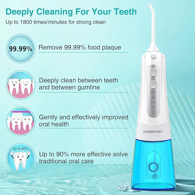 Cordless Water Dental Flosser Teeth Cleaner, INSMART Professional 300ML Tank DIY Mode USB Rechargeable Dental Oral Irrigator for Home and Travel, IPX7 Waterproof 4 Modes Irrigate for Oral Care