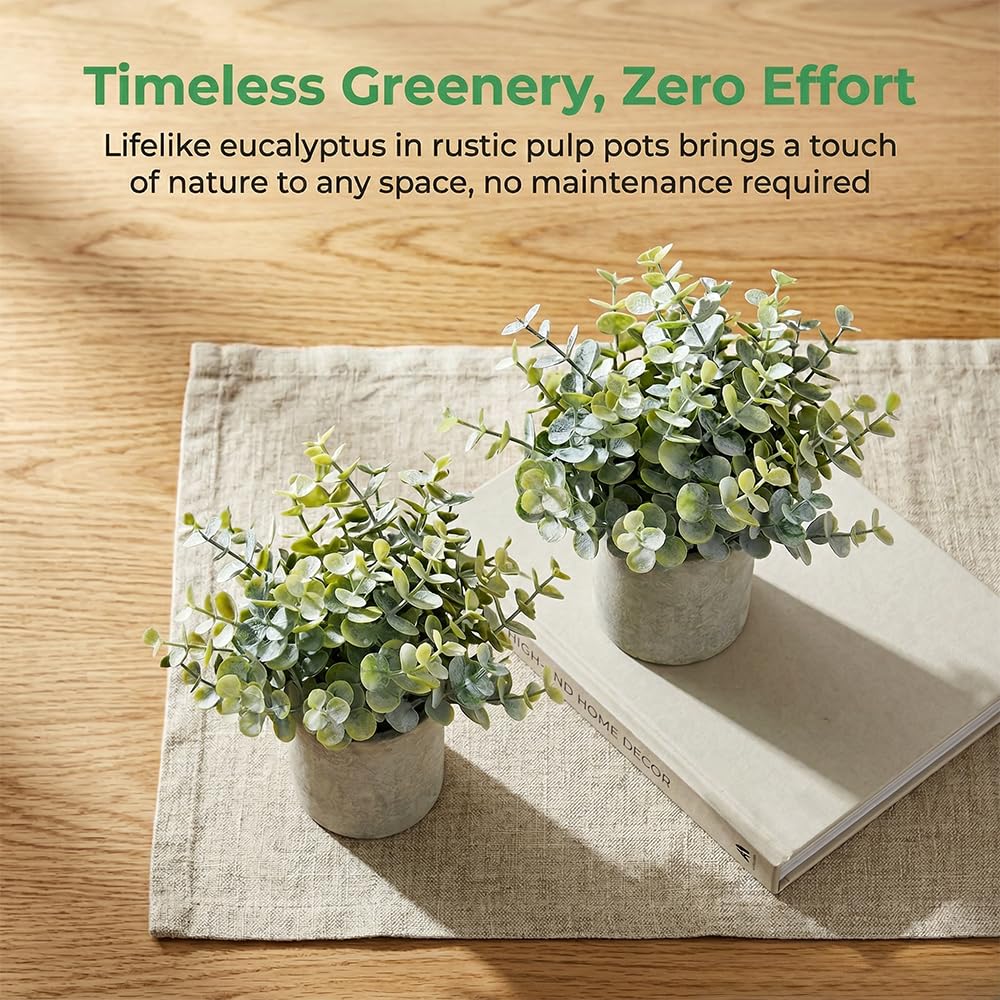 HappyFiller 2PCS Small Fake Eucalyptus Potted Artificial Plants Indoor Outdoor for Shelf,Home,Living Room, Bathroom,Kitchen,Coffee Table Decor