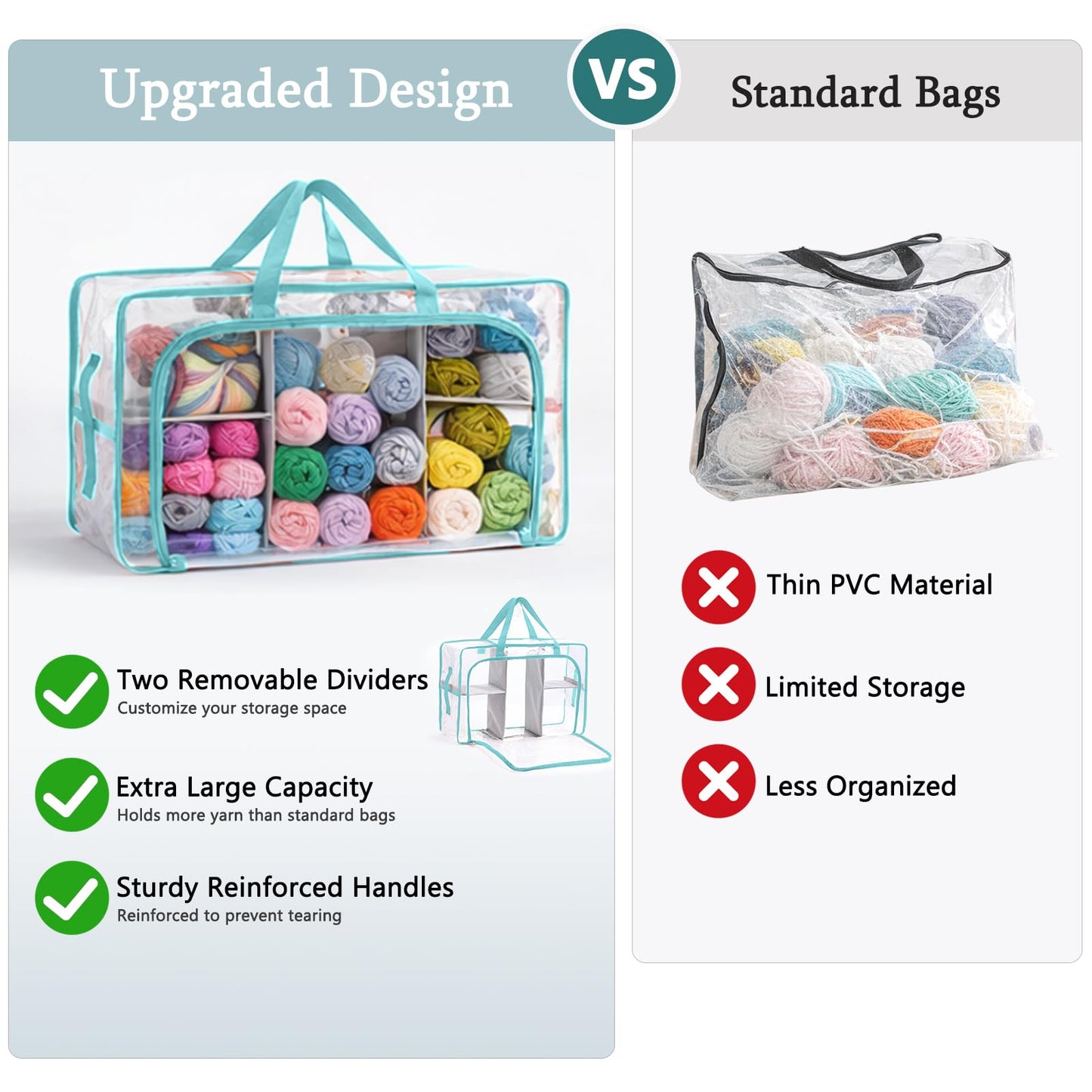 MYBAGZING Clear Yarn Storage Bags, 21" Large Flat Under Bed Yarn Organizer with Zipper & Handles, Stackable Knitting and Crochet Storage for Closet Shelves, Craft Room, Yarn Skeins, Hooks & Needles