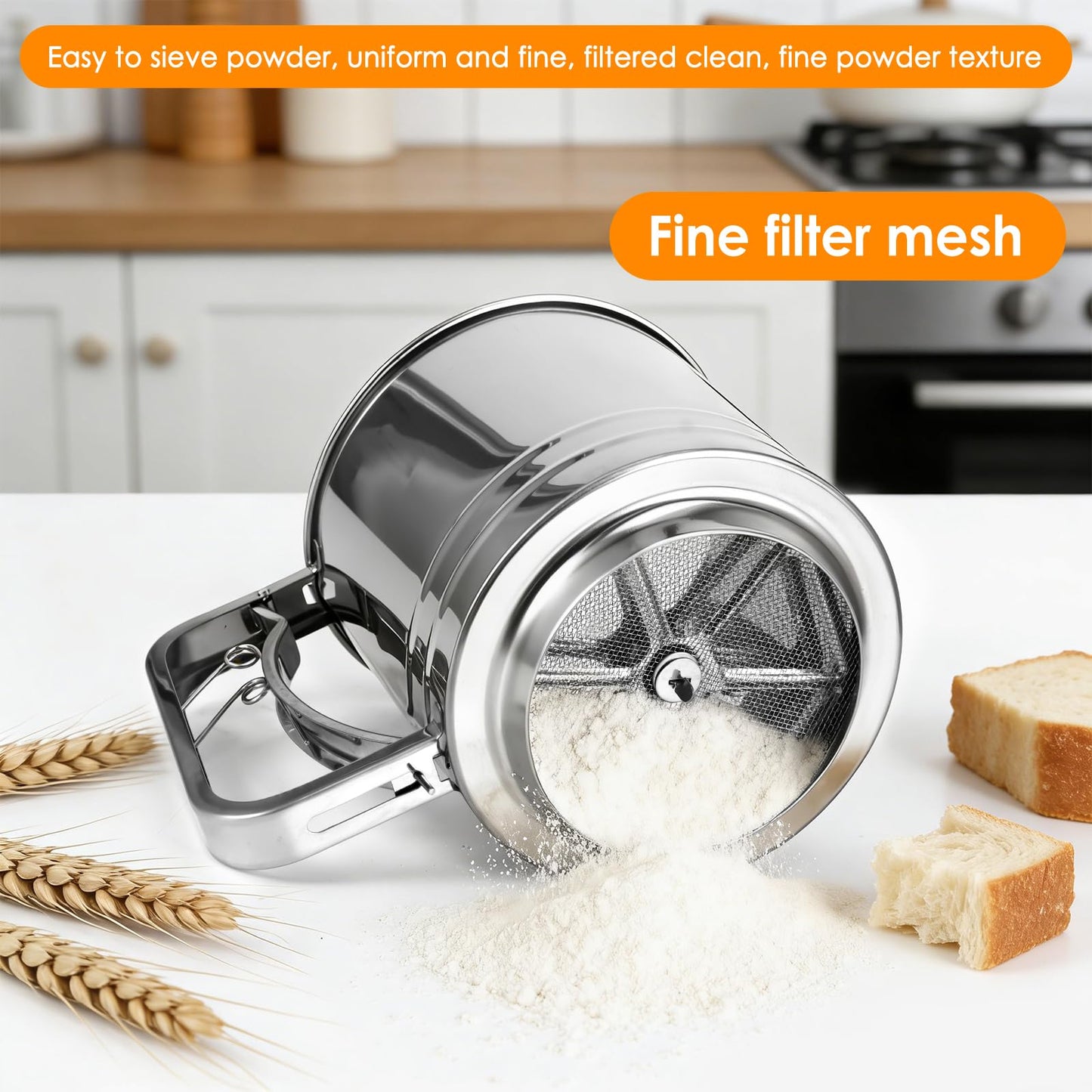 Flour Sifter for Baking, 3 in 1 Stainless Steel 3 Cup Flour Sieve Fine Mesh Sifter, Double-layer Squeeze Baking Sifter, Powdered Sugar Shaker Duster Set for Baking Cakes, Pastries, Cupcakes, Desserts