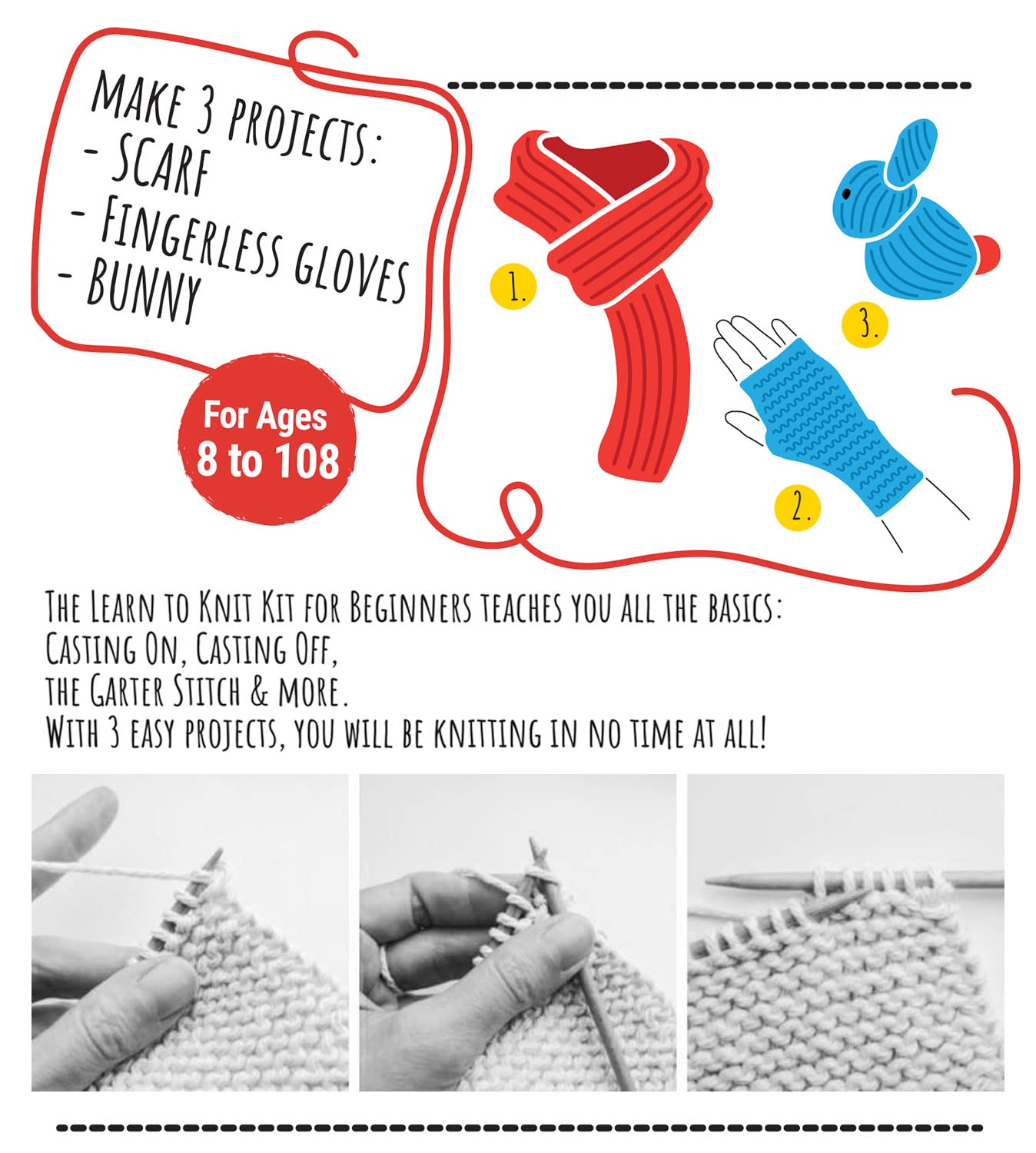 CraftLab Knitting Kit - Beginner Knitting Supplies with Wool Yarn, Needles, Instructions, DIY Gift