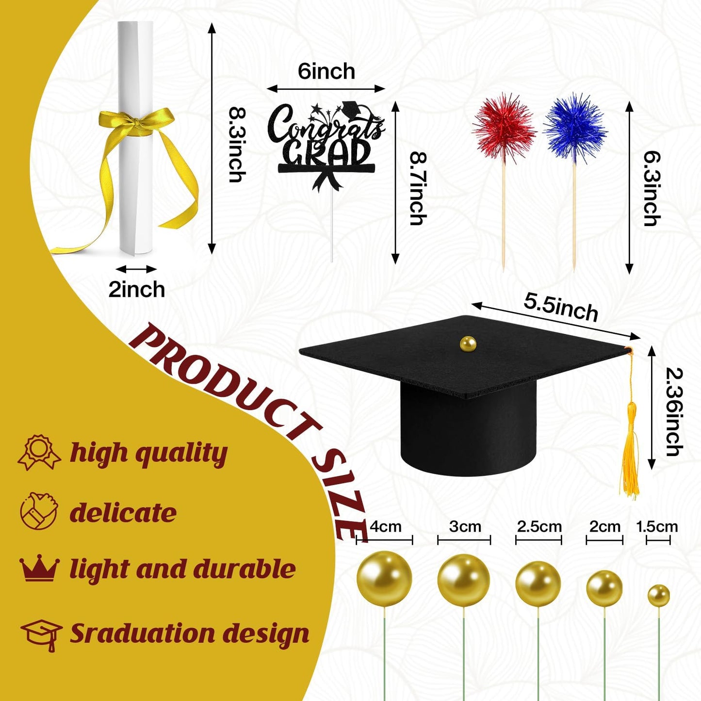 32PCS Graduation Cake Decorations Kit for Class of 2026 Includes Felt Tassel Caps, Firework Cupcake Toppers, Diploma and Balls, Black Theme Party Supplies for High School,College Celebrations (Black)