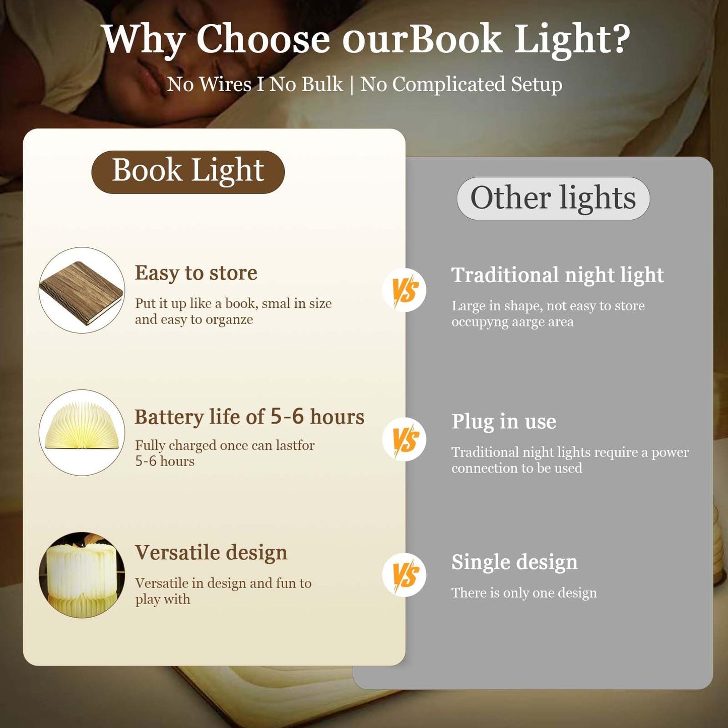 Anwick Lamp Book Large Size Folding Mood Light, Novelty LED Night Light, USB Large Capacity Rechargeable Wooden Table Lamp