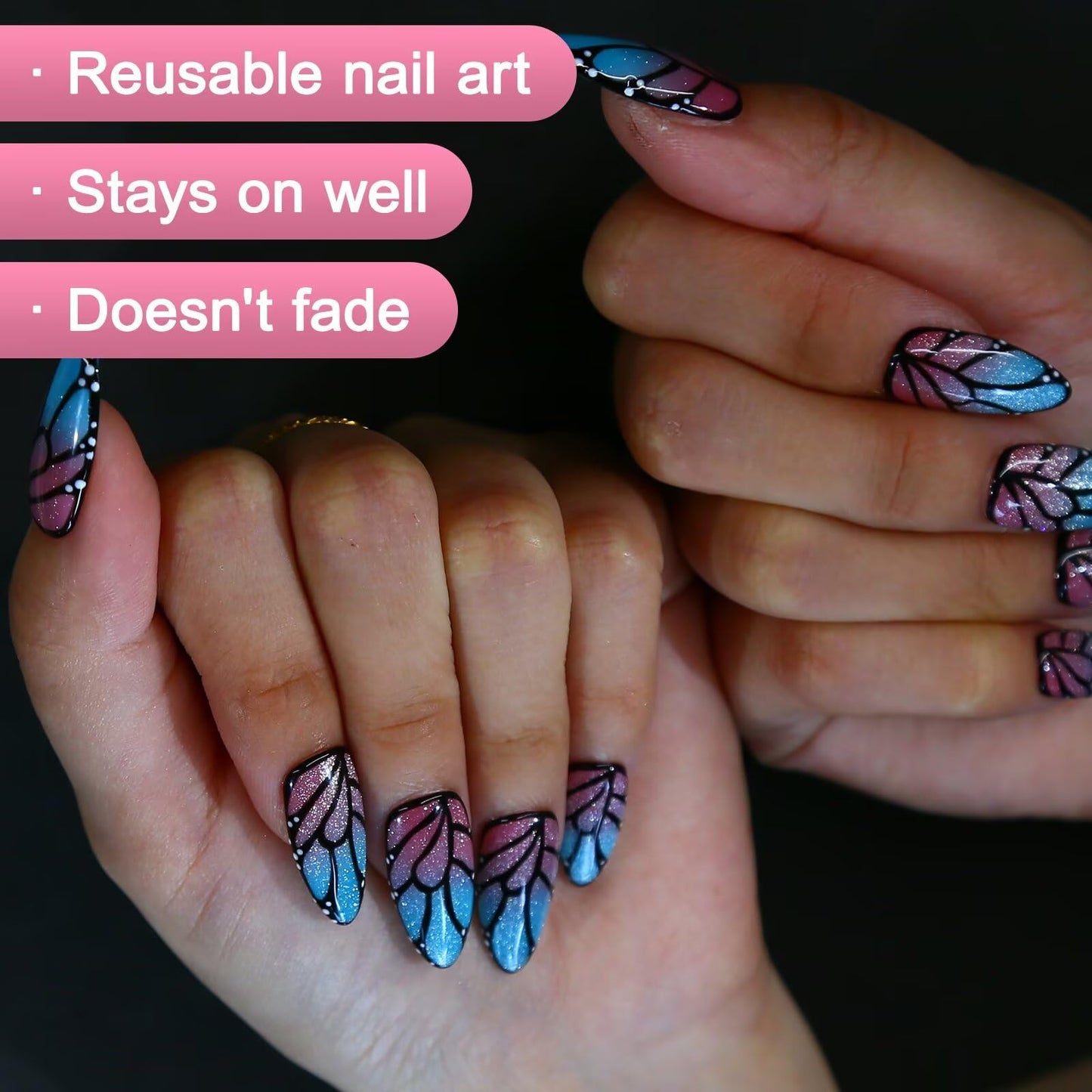 Press on nails-ARTIXY Handmade Nails Medium Almond fake Nails,Butterfly pattern 3D press ons, Reusable Acrylic Stick Ons False Nails Kit for Women, with Nail File, Homemade& Salon quality (10Pcs-M)