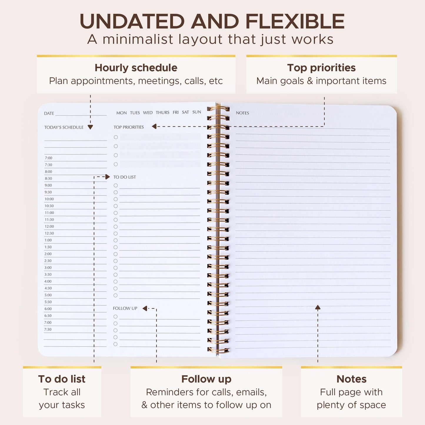Simple Daily Planner Undated & To Do List Notebook: With Hourly Schedule - 6.5x9.25" Blush Pink - Aesthetic Spiral Note book for Work and Life Tasks - Day & Hour Agenda, Organizer Notepad Journal