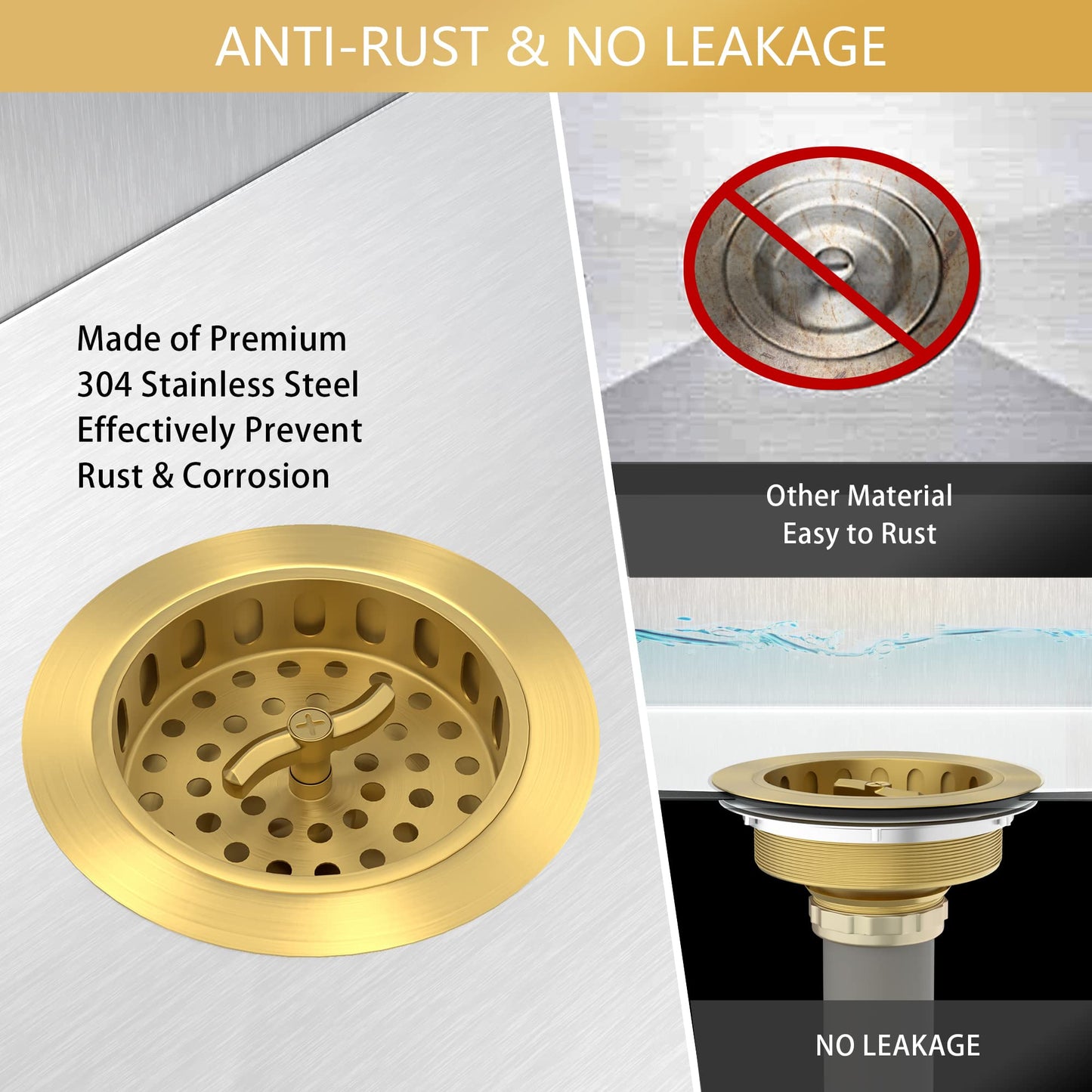 Exakey Gold Sink Drain Strainer 3-1/2 Inch Kitchen Sink Drain Assembly Kit with Stainless Steel Strainer Basket and Drain Stopper for Standard Kitchen Sink Brushed Gold