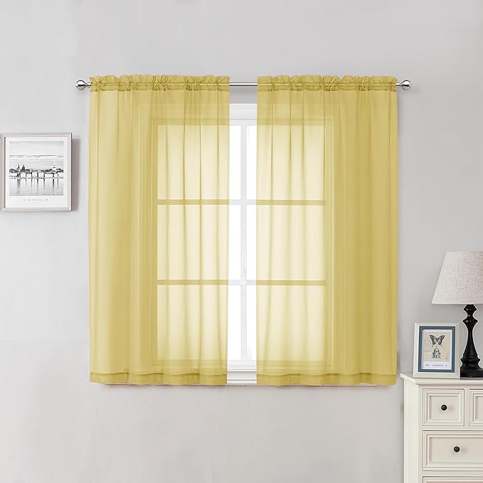 Lecloud Yellow Sheer Curtains 54 Inch Length 2 Panels, Light Filtering Voile Curtain Drapes for Kitchen Bedroom Small Windows, Dual Rod Pocket Living Room Elegant Decor Curtains, 40 W x 54 L Inches