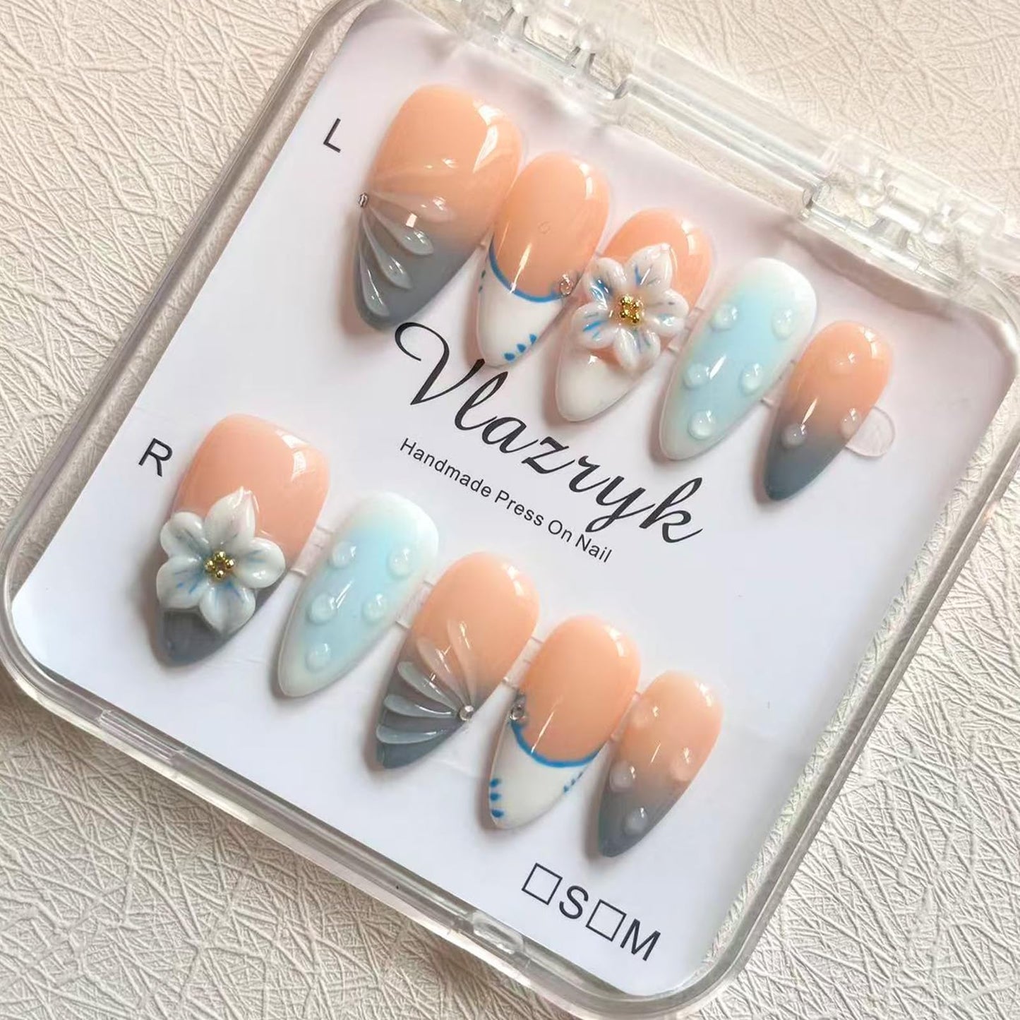Handmade Press-On Nails for Women - Medium Almond Fake Nails | Luxury Gradient Blue 3D Floral Design | Reusable Salon-Quality Glossy Acrylic False Nails.（M Size)