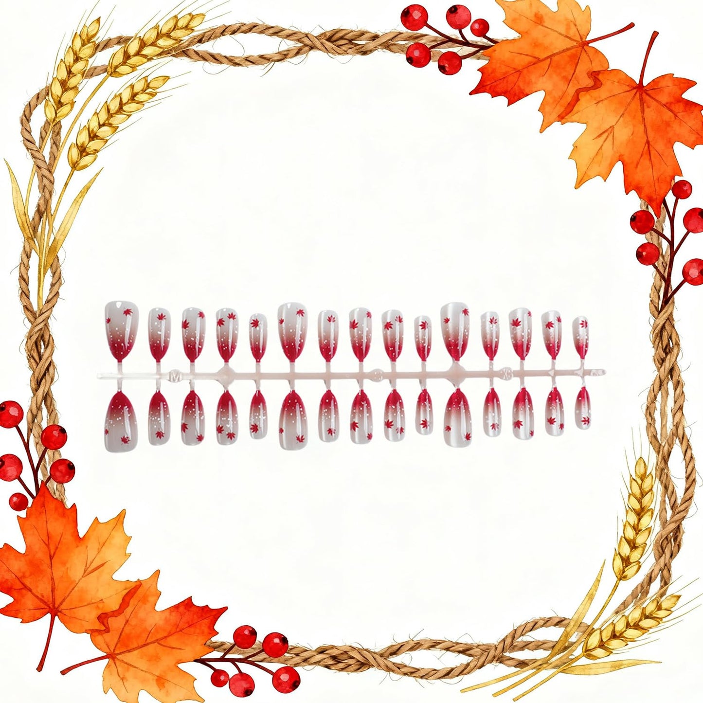 30Pcs Autumn Press on Nails Medium Almond Artificial Acrylic False Nails French Red Tip Maple Leaf Design Stick on Nail Thanksgiving Full Cover Artificial Fingernails for Women Festival Manicure