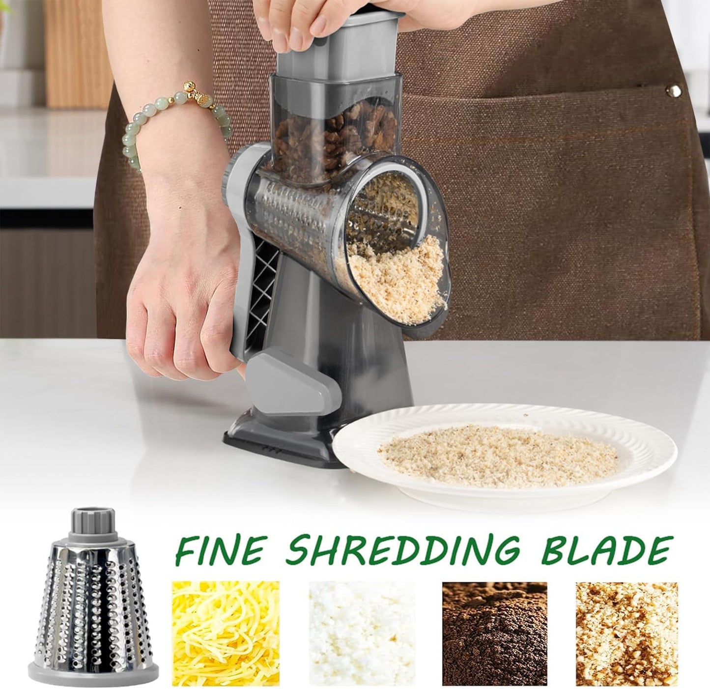 Dachenus Cheese Grater Rotary Cheese Grater,Versatile Cheese Shredder,Blades for Shredding, Grating, Slicing,Cheese Shredder with Suction Base and Cleaning Brush Kitchen Gift (gray)