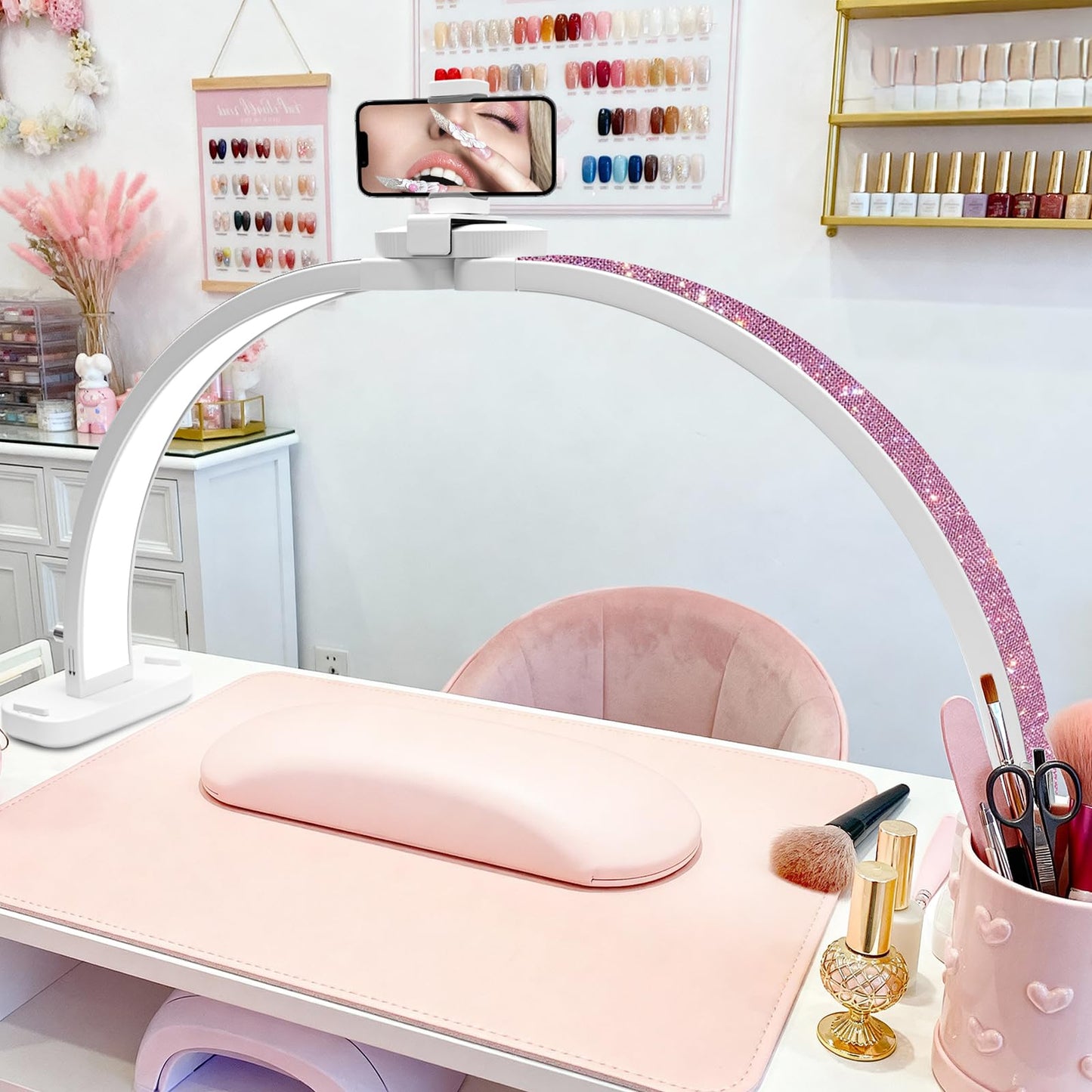 obcd Half Moon Light for Nail Desk 31" Foldable LED Nail Desk Lamp with Phone Holder, Professional Nail Tech Light for Manicure & Beauty Studio