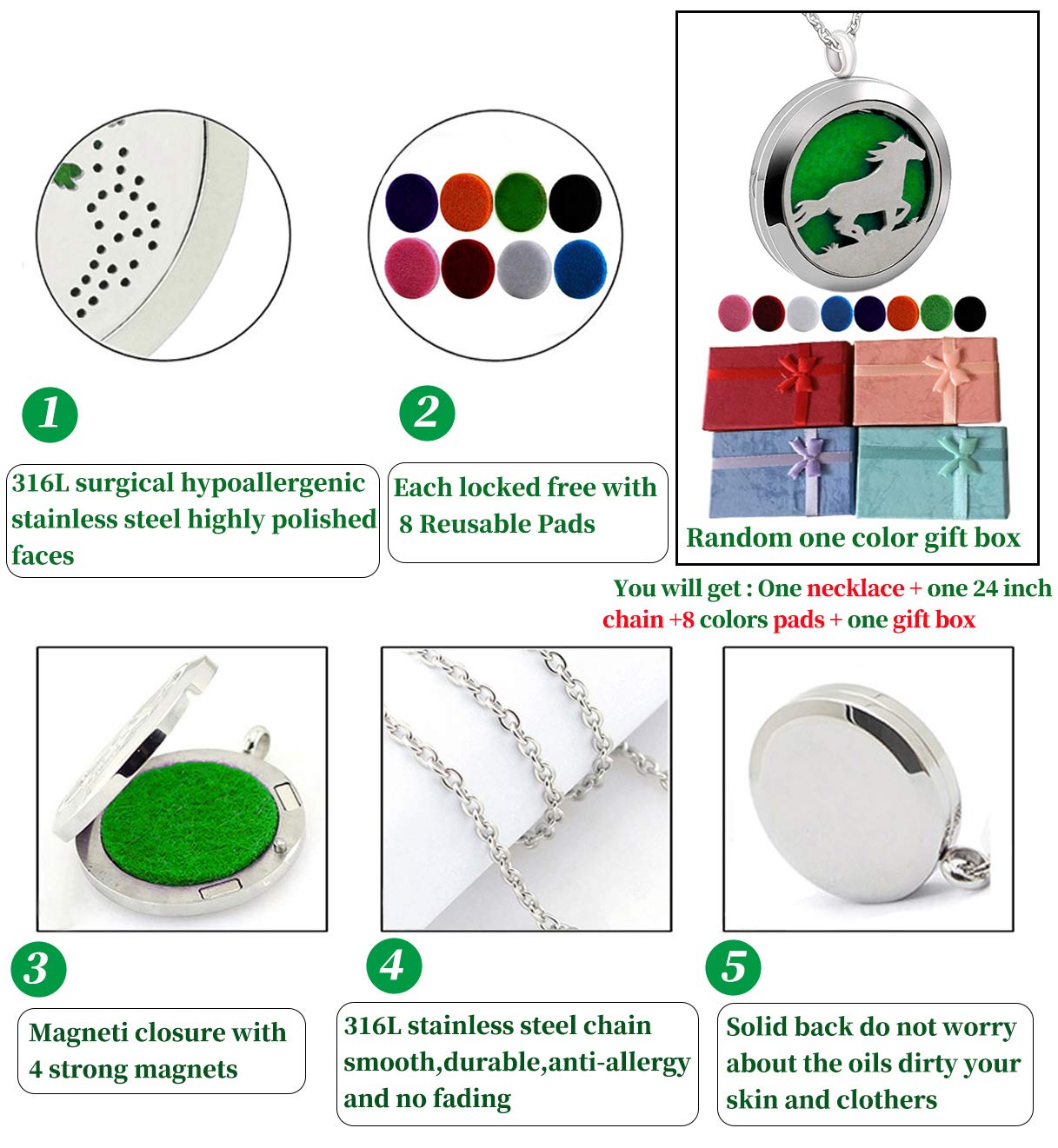Popeoiuh Essential Oil Diffuser Necklace,Perfume Stainless Steel Aromatherapy Horse Locket Pendant with 24" Chain & 8 Pads, Birthday Christmas Jewelry Gift for Women Men