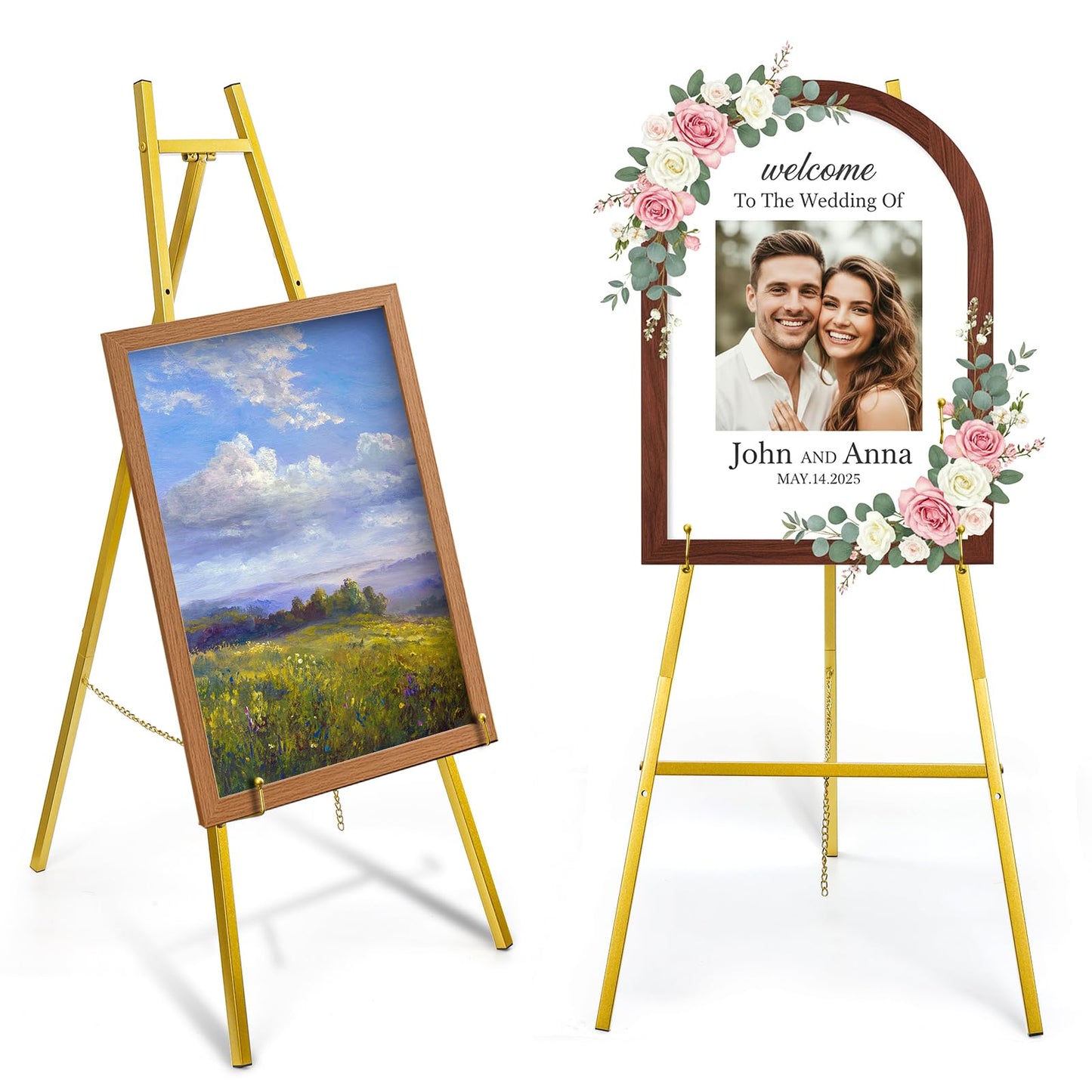 WRINGKIT Gold Easel Stand for Sign, Heavy Duty Metal Adjustable Display Stand with 4 Tier, 44'' Height Large Floor Standing Easel for Painting, Poster, Mirror, Art, Welcome Wedding Signs