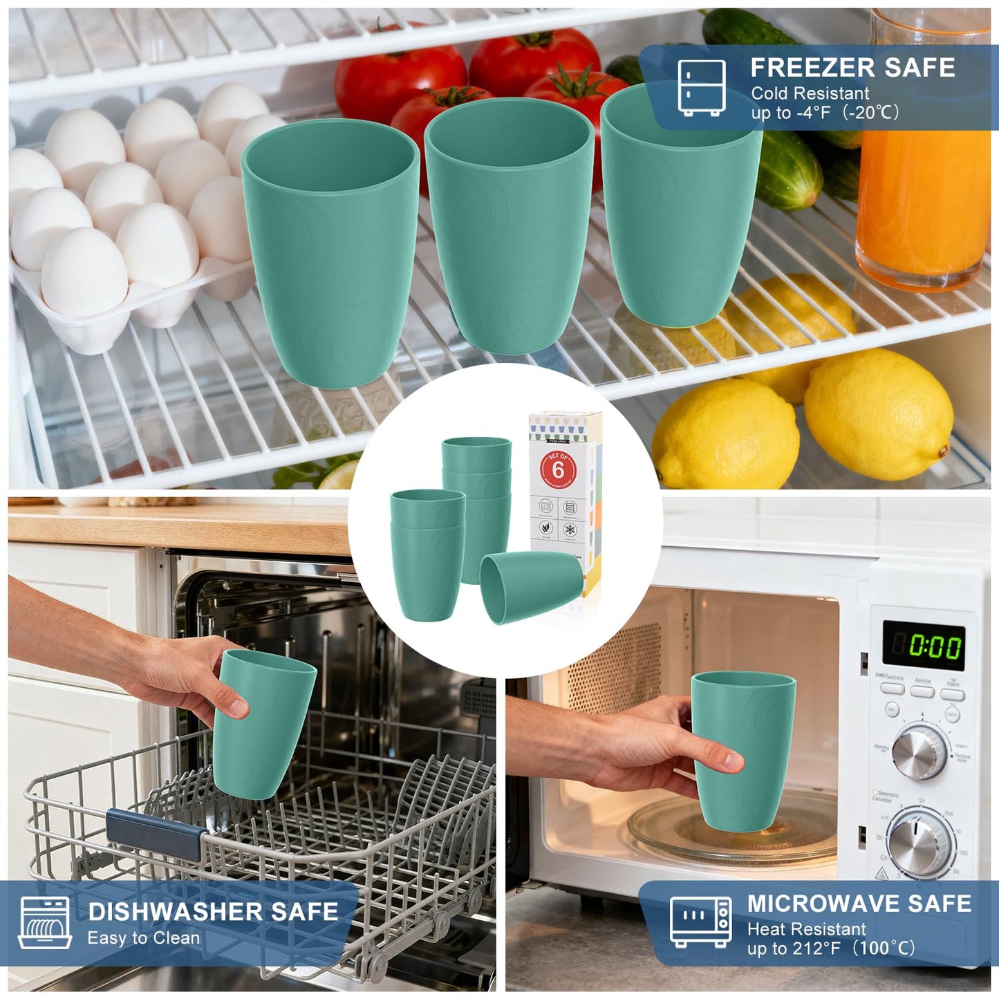 Perlapoc Reusable Wheat Straw Cups 6 PCS, Unbreakable 16 OZ Plastic Cup Alternative, Dishwasher Safe Drinking Glasses for Indoor & Outdoor Use, Green