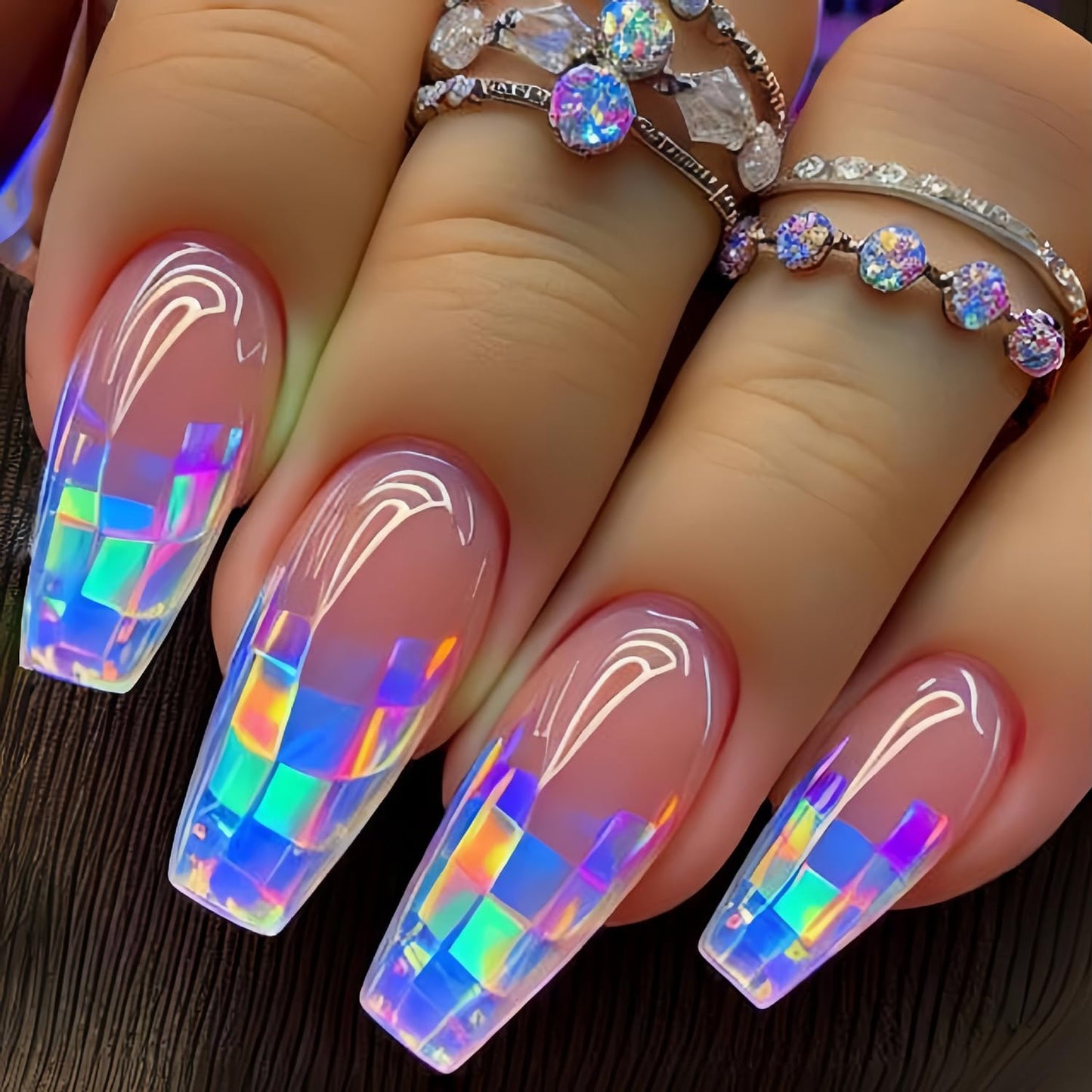 CJDLTS Press on Nails Long Ballet Shaped Colorful Geometry Smudge Pattern Design Full Cover Glossy Acrylic Fake Nail French Artificial Fingernail Ballet Press Ons Stick on Nails for Women 24Pcs