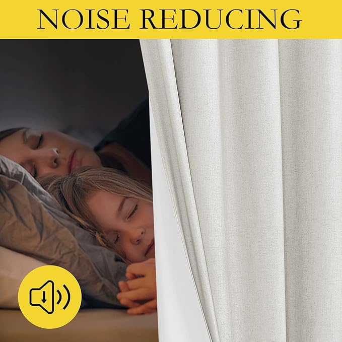 NICETOWN 100% Absolutely Blackout Linen Curtains with Thermal Insulated White Liner, Ivory, W52, 2 Pieces, Noise Reducing Textured Linen Look Curtains for Windows 120 inch Length for Classroom
