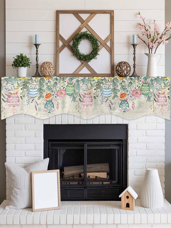 Easter Fireplace Mantel Scarf Table Runner, Spring Colorful Eggs Eucalyptus Leaves Floral Winter Garland Mantel Top Tablerunners Dresser Scarves Cover for Windows Party Living Room 60''x17''