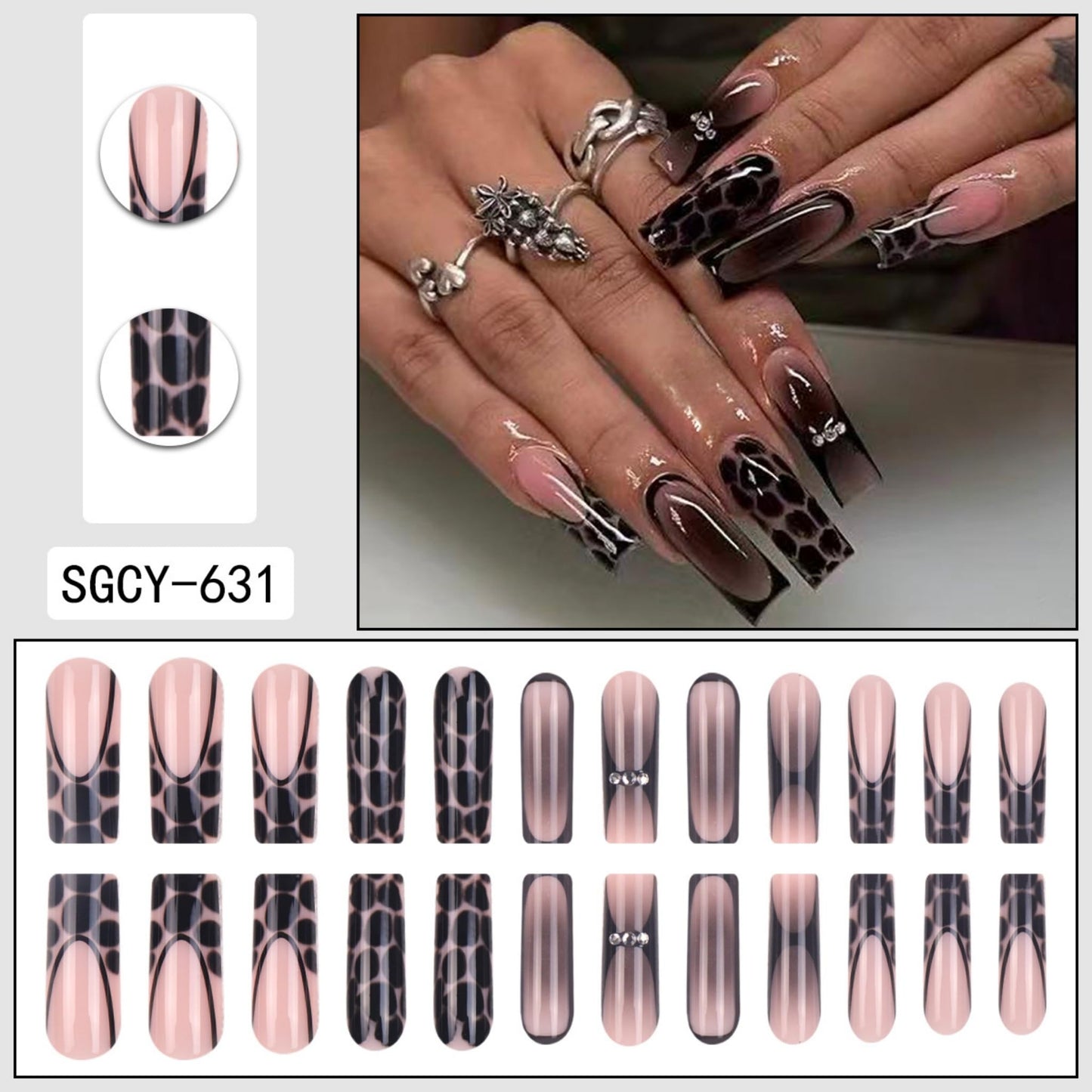 Long Press on Nails Square Fake Nails Black Artificial Nail French Tip Leopard Stick on Nail for Women 24pcs