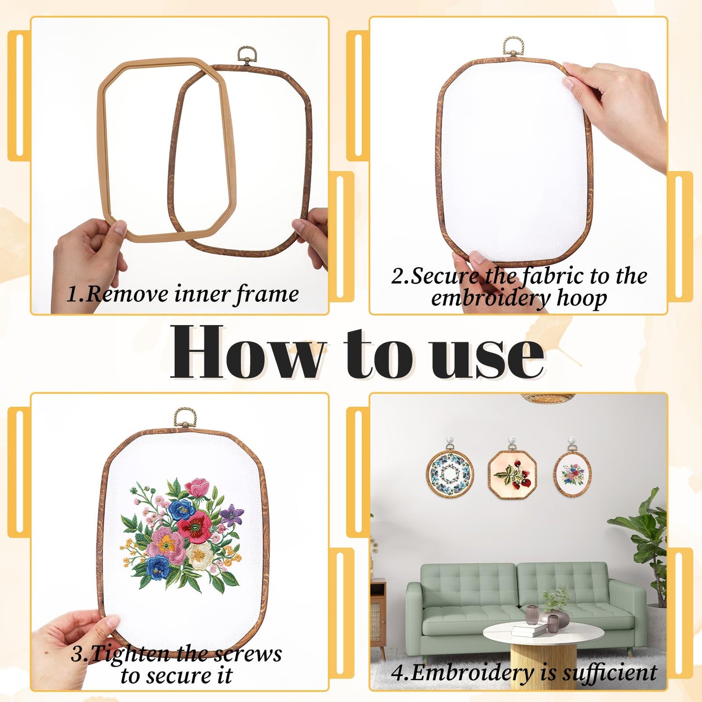 Oqqlin 9 Pcs Embroidery Hoop Frame, 4 Shapes Large Imitated Wood Cross Stitch Hoop Ring with Scissors Display Decorative Embroidery Hoops for DIY Arts, Crafts, Sewing, Hanging Ornaments Decor