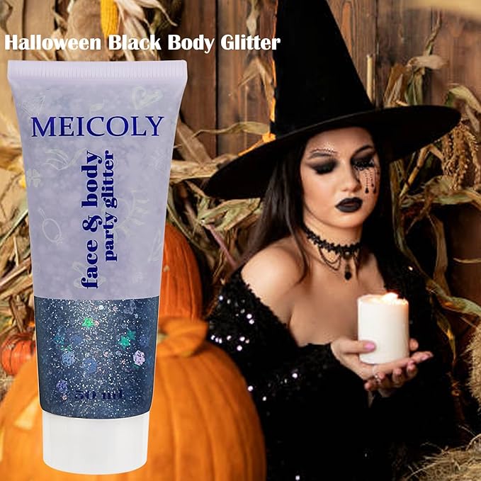 MEICOLY Black Glitter, Professional Body Paint, Mermaid Sequins Eye Glitter for Halloween Cosplay SFX Makeup, Chunky Face Gel for Women and Kids, 50ml