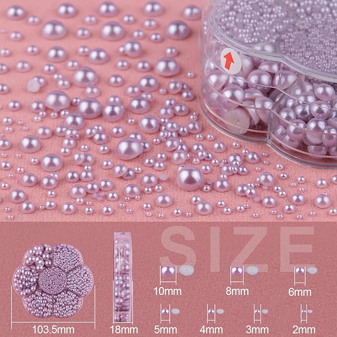 Nail Art Flat Back Half Round Pearl Kits 23, 1 Box of 6000 Pcs Flat-Back Light Purple Pearl with Tweezer and Picker Pencil for Home DIY Nails Body Face Craft and Salon Use