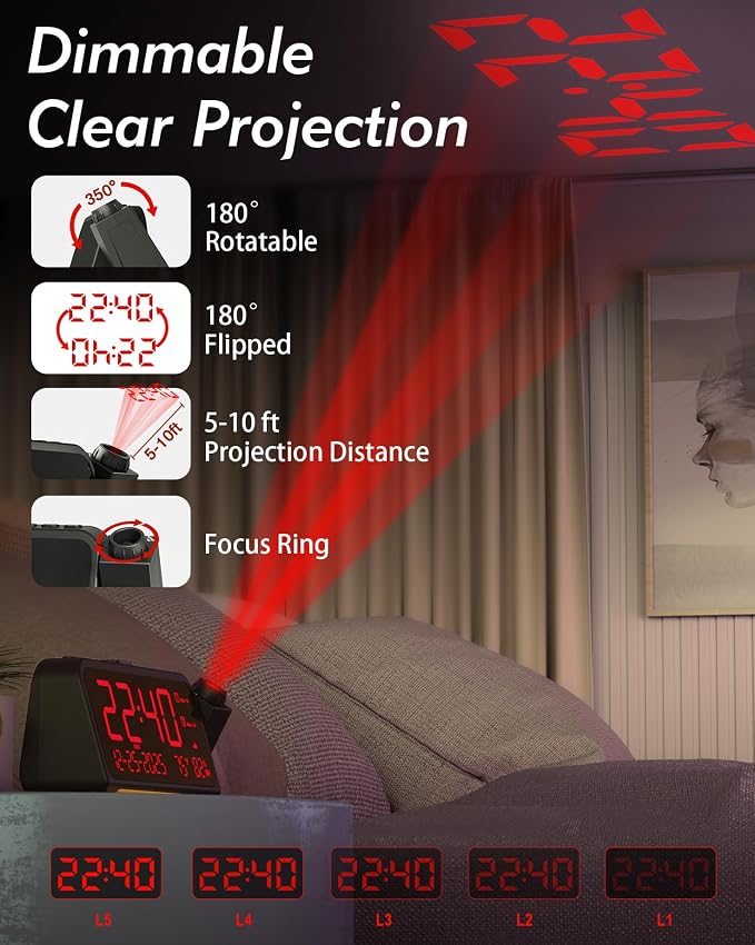 Roxicosly Projection Alarm Clock for Bedroom Ceiling, 118 dB Super Loud for Heavy Sleepers, Plug in Dual Alarm with Weekday/Weekend, 6.7" Large Dimmable Display with Day Date Indoor Temp Humidity