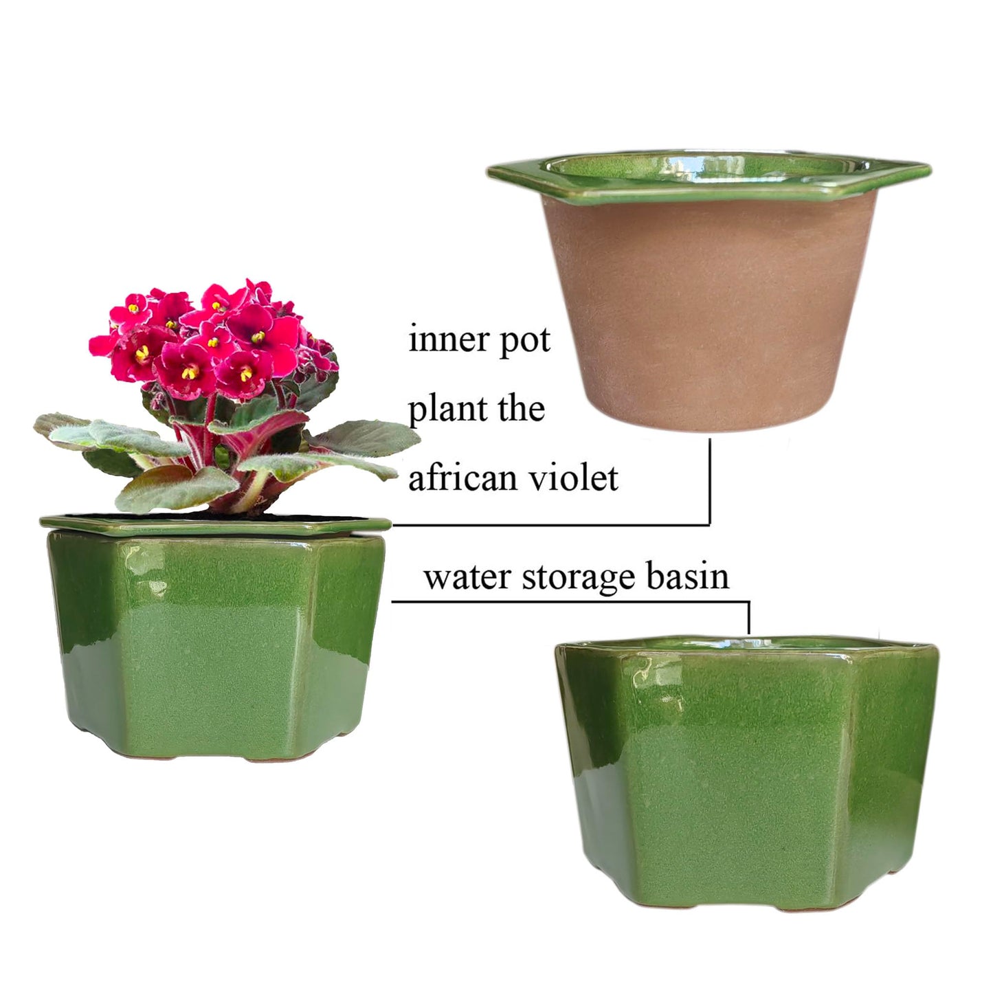 Dphagesy African Violet Pots 6 inch Hexagon Self-Watering Ceramic Pots 4.50'' Opening(Green)
