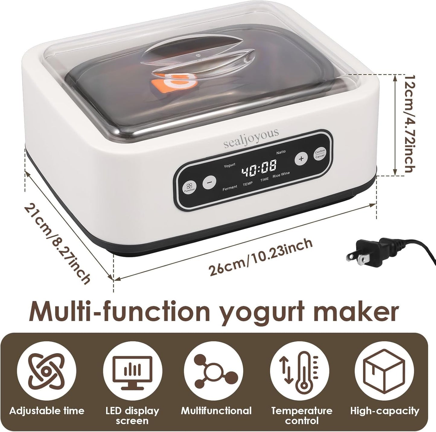 Genuine sealjoyous Yogurt Maker Machine with Adjust Temp(21°C-45°C/70°F-113°F)&Time(1-99h)304 Stainless Steel Inner Bowl(1.6 Quart) (Standard version)
