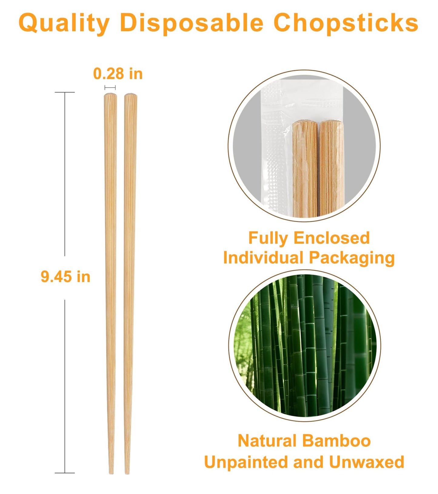 LOROTOCO 100Pairs Bamboo Chopsticks Disposable | Individually Wrapped | Bulk | Separated | Round | Premium Quality-（9.45in)