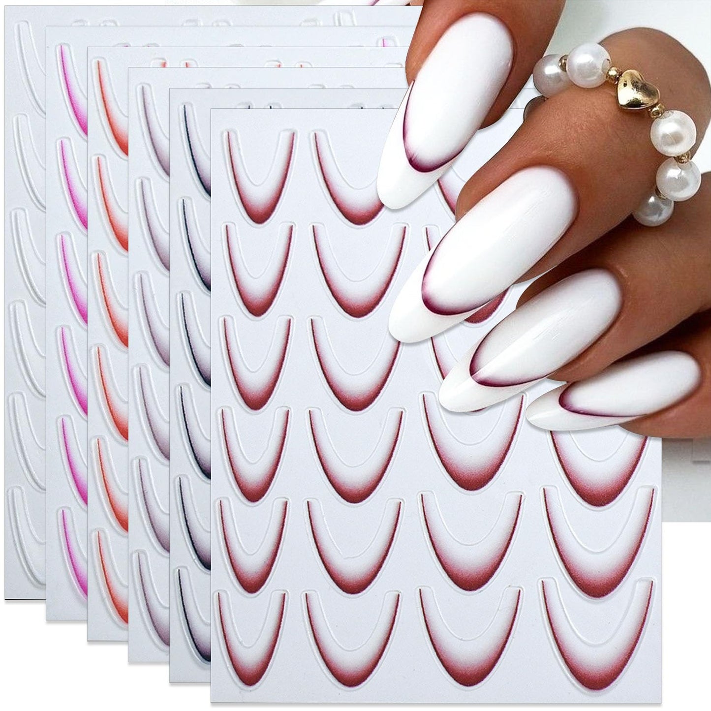 IDDFEVE Gradient French Line Nail Art Stickers - 6 Colors Self-Adhesive Curved Stripes Nail Decals, French Tips Guides Designs for DIY Manicure (6 Sheets)
