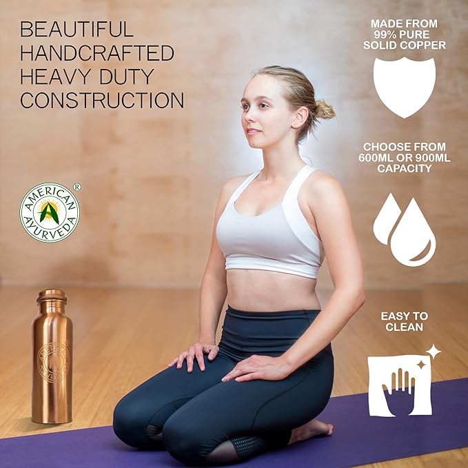 A American Ayurveda 100% Pure Copper Water Bottle for drinking, Jointfree, Leakproof, Natural Ayurveda Health Benefits, Copper bottle, Alkaline Water 600ml (20Oz) Capacity
