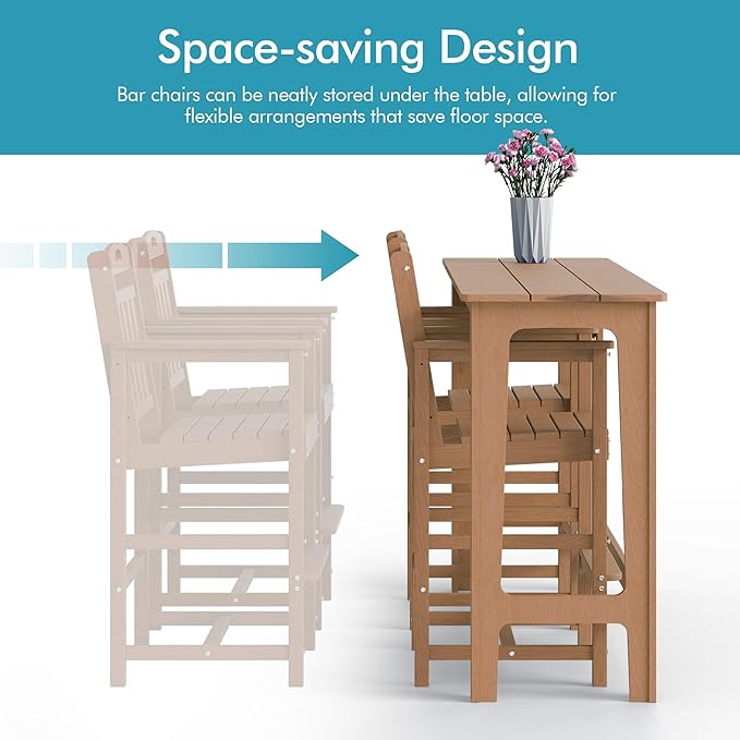 Ciokea Outdoor Bar Height Table Set of 5, 60" Extra Long Rectangle High Top Table and 4 Oversized Adirondack Chairs Set, Heavy-Duty All-Weather HDPE Patio Bar Set for Backyard Balcony Deck, Teak