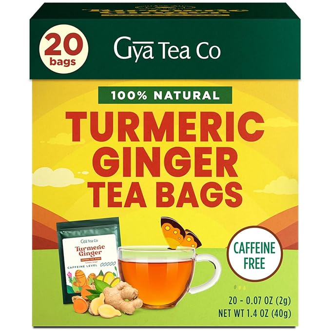 Gya Tea Co Turmeric Ginger Herbal Tea Bags (20 Bags) - Caffeine Free with a Tangy Flavor for All Day Comfort, Calming, Relaxing & Nourishing - Fruit & Herbal Blends