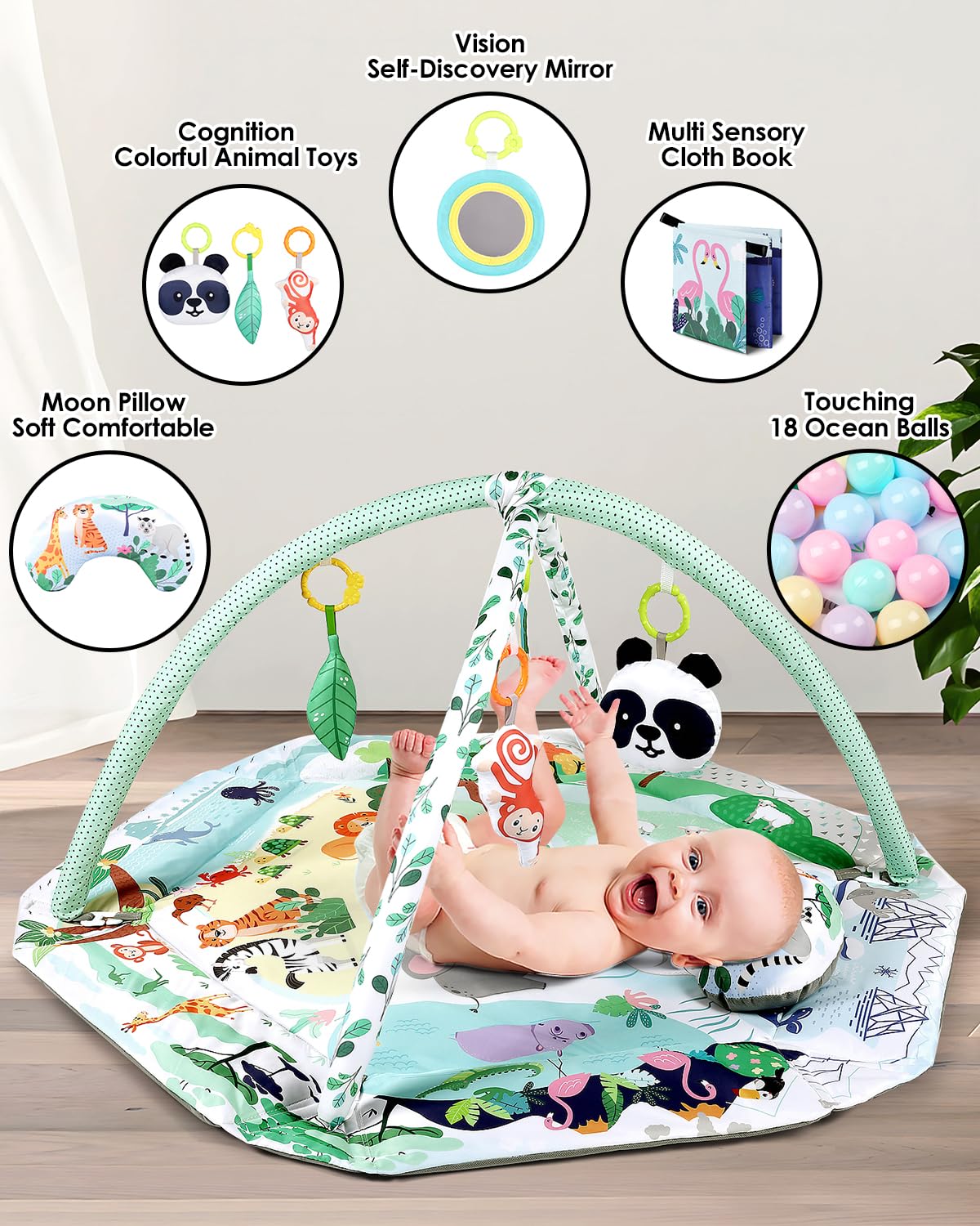 dearlomum 4-in-1 Interactive Activity Mat,Baby Play Mat with 6 Learning Toys, Motor Skill Development,Ball Pit with 18 Ocean Balls