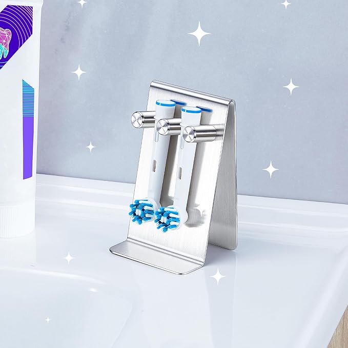 Electric Toothbrush Head Holder, Self Adhesive or Desktop Tooth Brushing Holder, Wall Mounted Toothbrush Holders Shower Bathroom, Tooth Brush Holder Organiser (Silver, Small)