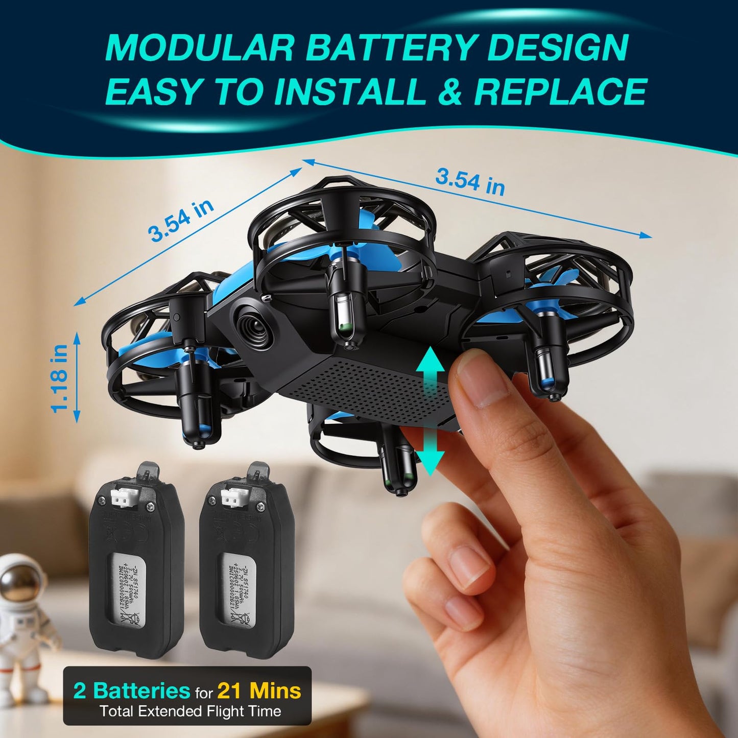 Blue Mini Drone for Kids & Beginners, Indoor & Outdoor RC Quadcopter, Full Propeller Guards, LED Light, 3D Flips, One Key Start, Headless Mode, 2 Rechargeable Batteries, 21 Mins Total Flight Time, Toy Gift for Boys and Girls