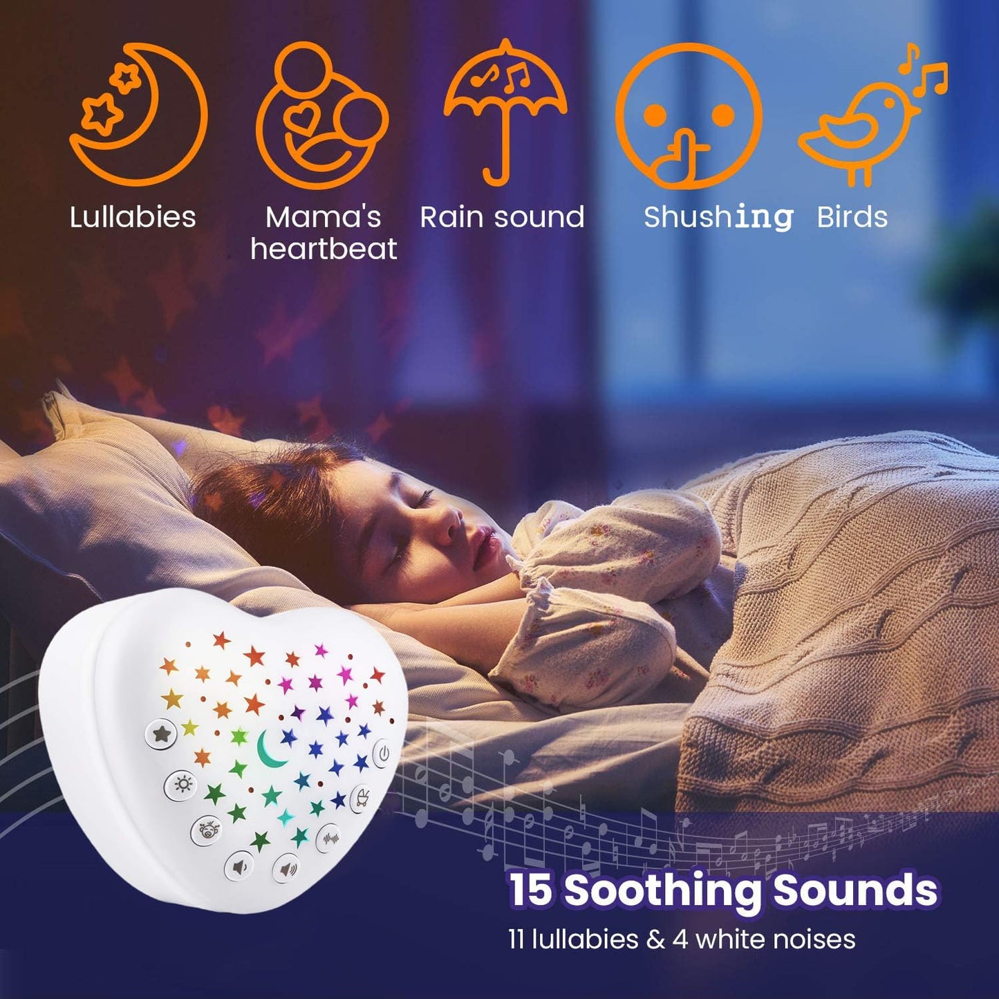 BEREST Sound Machine for Babies, Adults & Kids | 15 Soothing Sounds Featuring White Noise & 9 Lullabies, Cry Sensor, Star Projector | Mini, Rechargeable, Travel Friendly