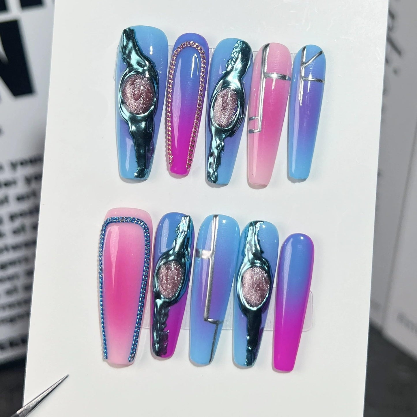10Pcs Long Square Press on Nails Blue Ombre Handmade False Nails Luxury Reusable Fake Nails with 3D Cat's Eye and Charms Design Acrylic Nails Press Ons for Women DIY 10Pcs(Size M)
