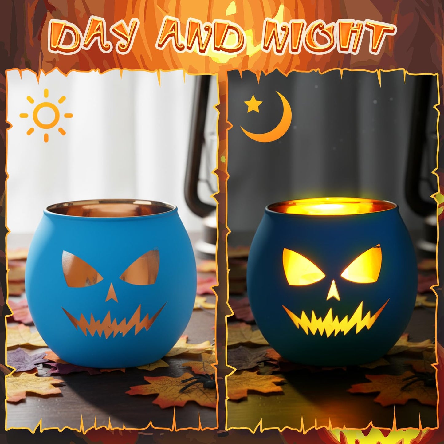 VIHOSE 6 Set Halloween Candle Holders Grimace Glass Votive Holder Tea Light with LED Battery Operated Candles Halloween Table Decorations for Home Table Centerpiece Decor Gifts