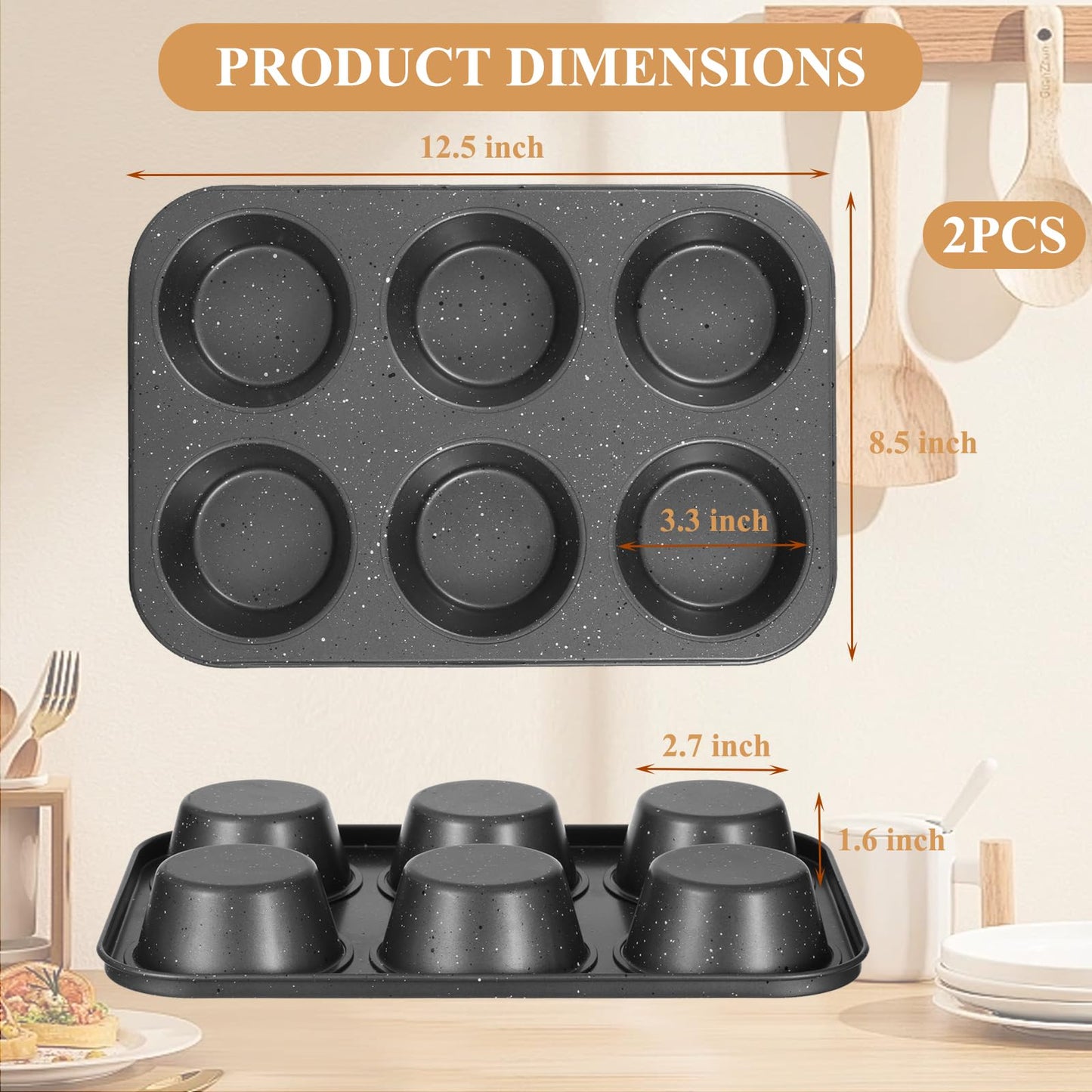 Walooza Jumbo Muffin Pan 2 Pack, Nonstick 6 Cup Muffin Tin, Extra Large Cupcake Pan for Baking, Giant Muffin & Cupcake Mold, Carbon Steel Muffin Tins, 3.3'' Cup Diameter