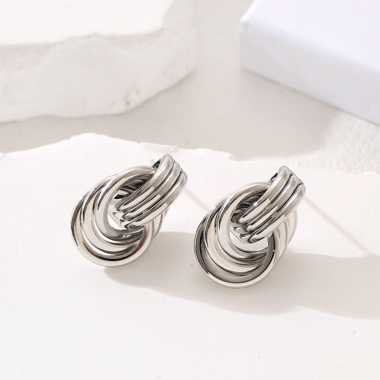 Chunky Silver Drop Earrings for Women - Minimalist Knot Earrings, Trendy Geometric Dangle Statement Earring Jewelry